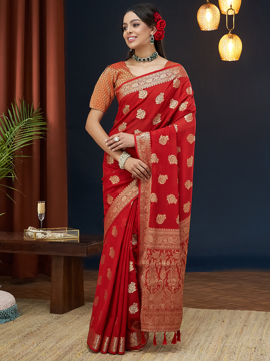Red Colour Georgette Designer Zari Woven Saree For Partywear Looks