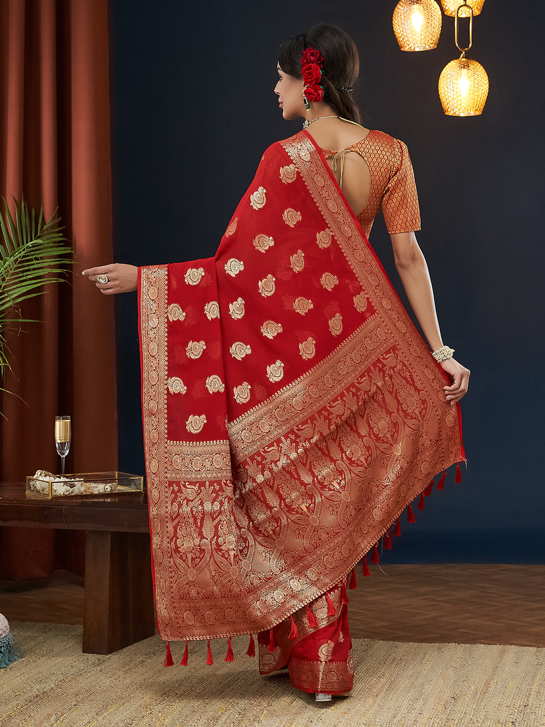 Red Colour Georgette Designer Zari Woven Saree For Partywear Looks