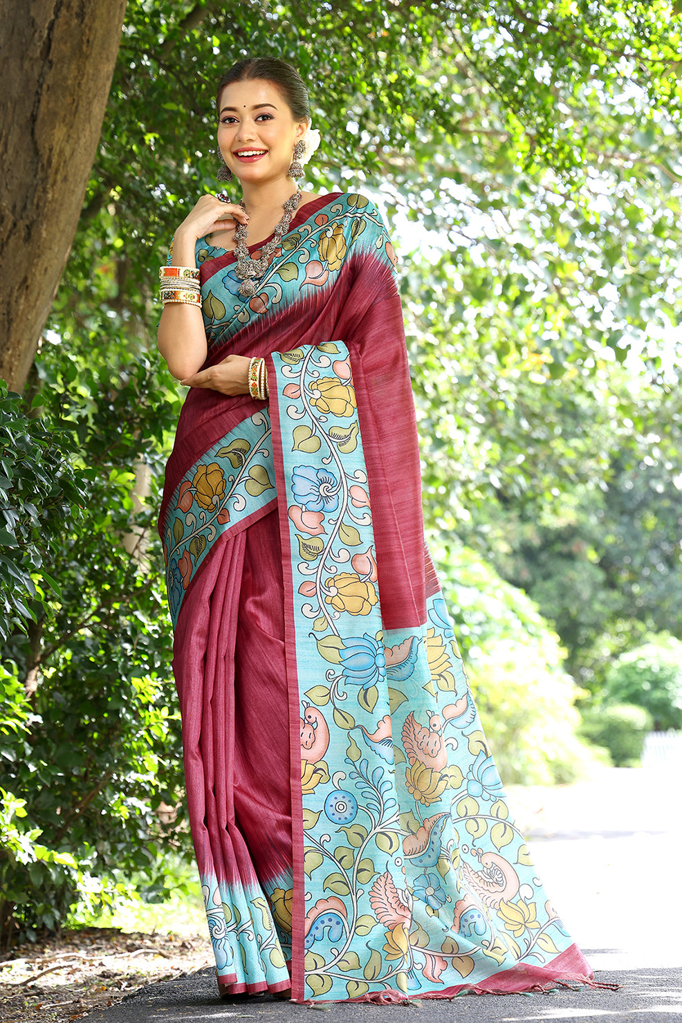 Red Cotton Silk Saree with Solid Design and Printed Pallu