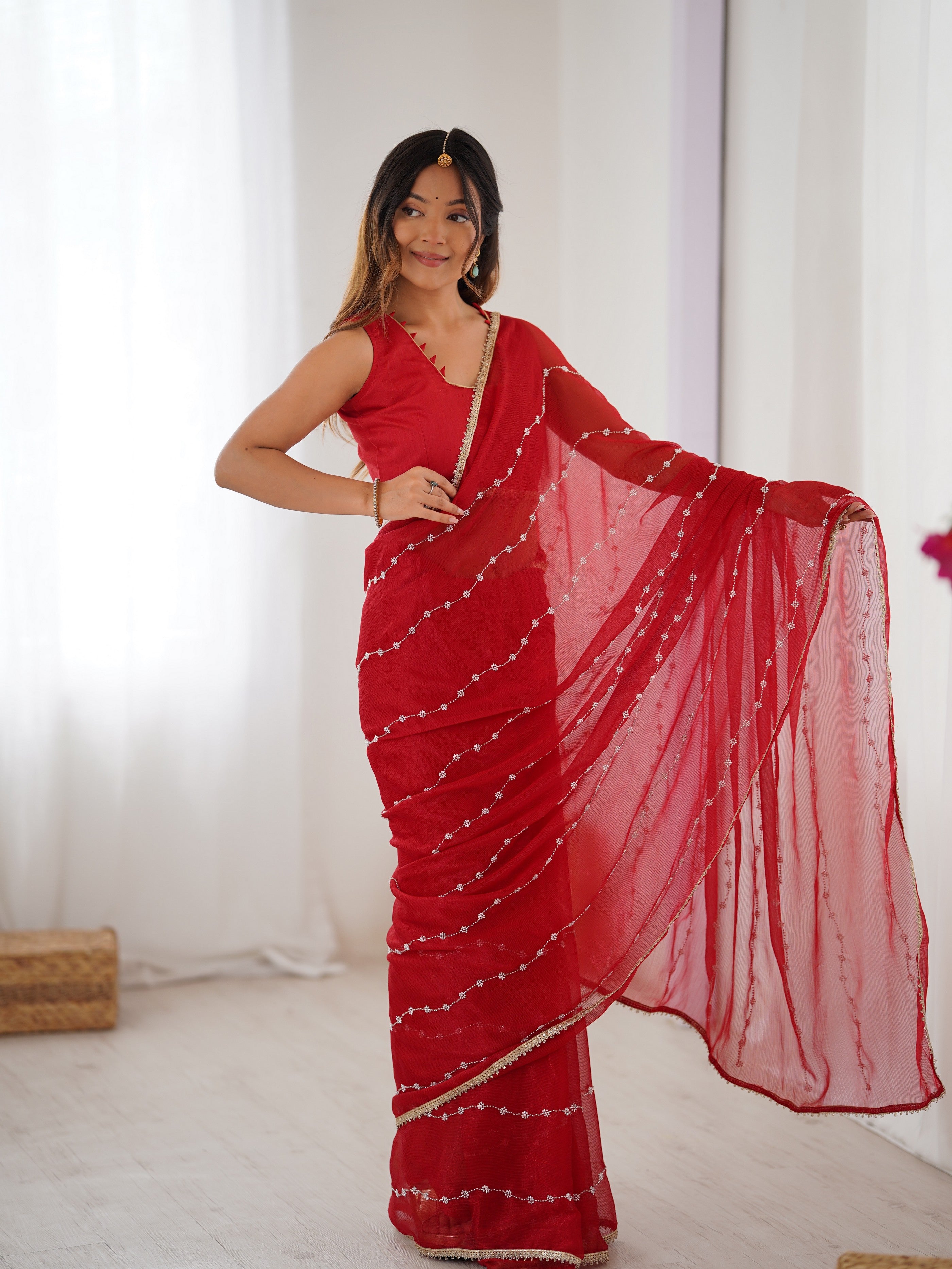 Red Designer Beads Work Sitara Chiffon Girlie Ceremonial Saree