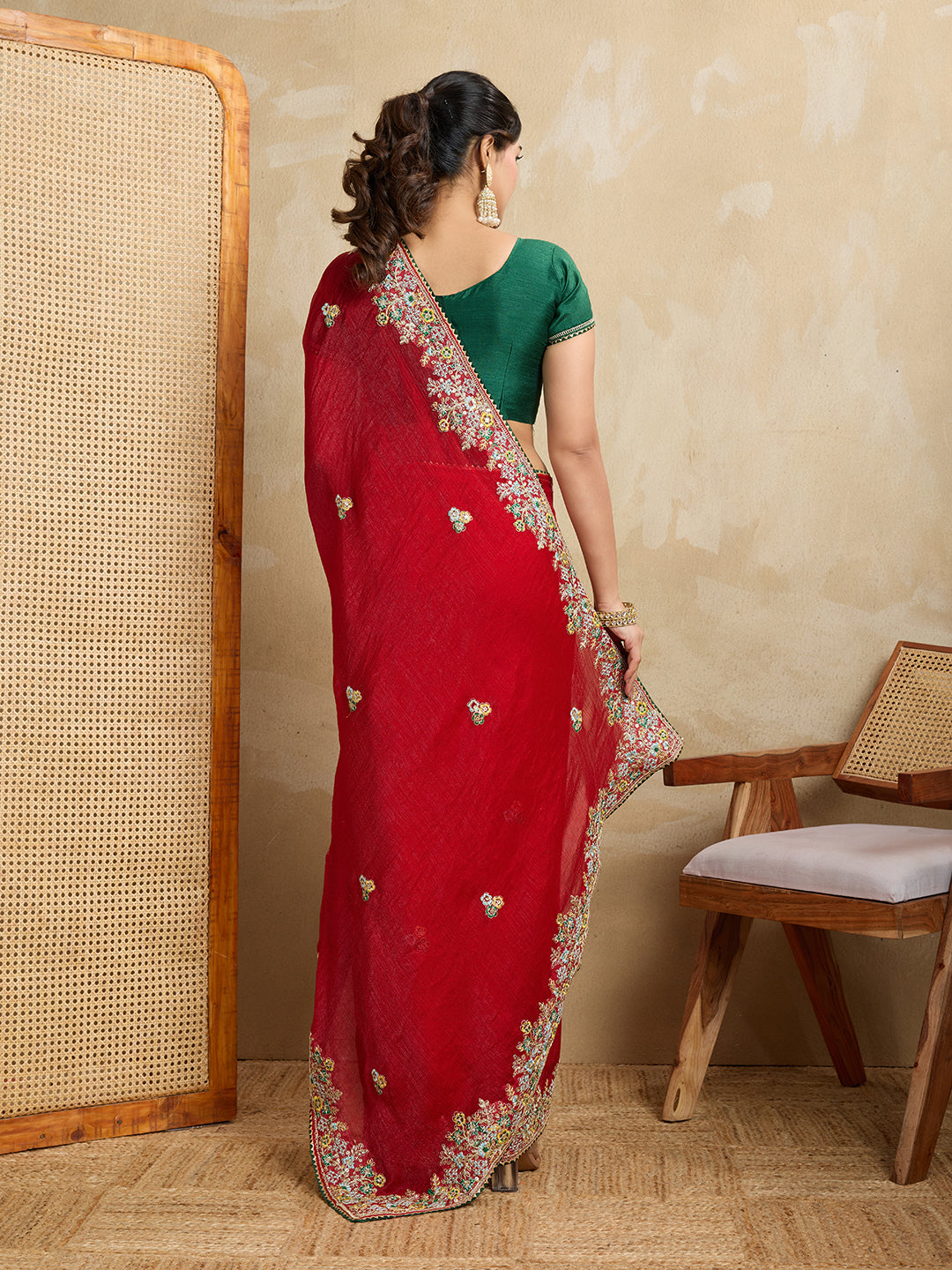 Red Designer Embroidery Work Frendy Chiffon Wedding Ceremony Special Saree