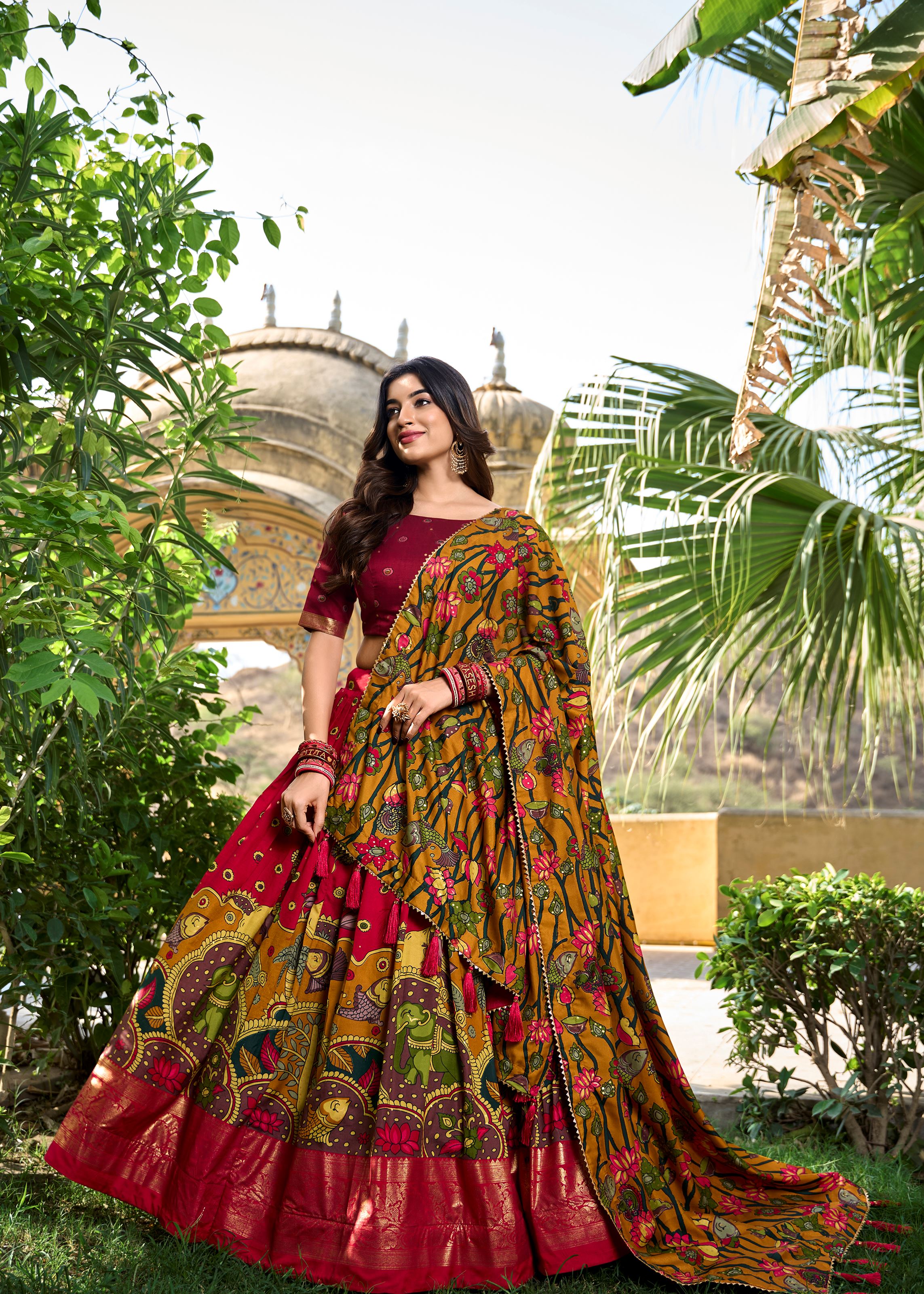 Red Elegance-Tussar Silk Kalamkari Print Lehenga with Foil Work Finish