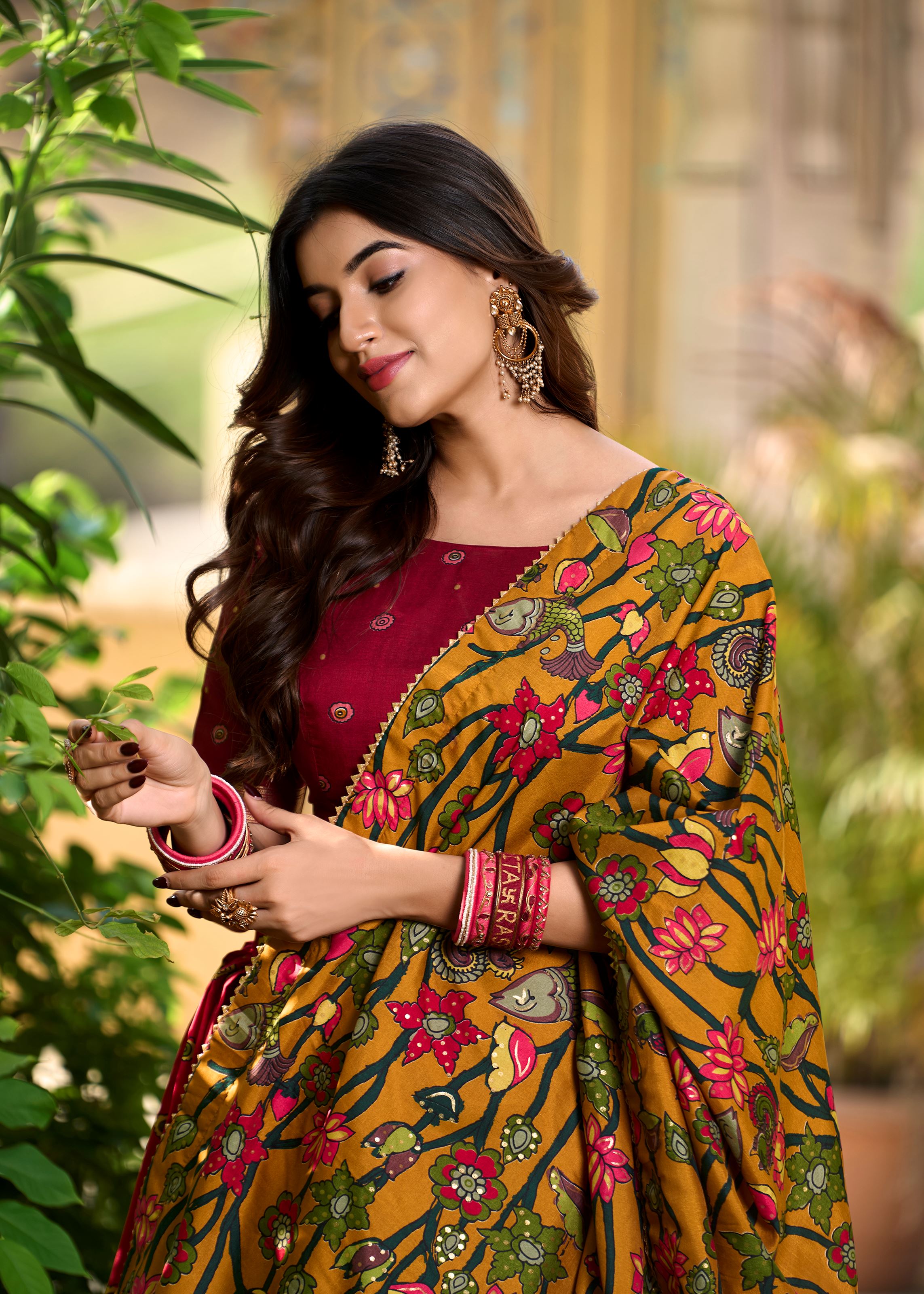 Red Elegance-Tussar Silk Kalamkari Print Lehenga with Foil Work Finish