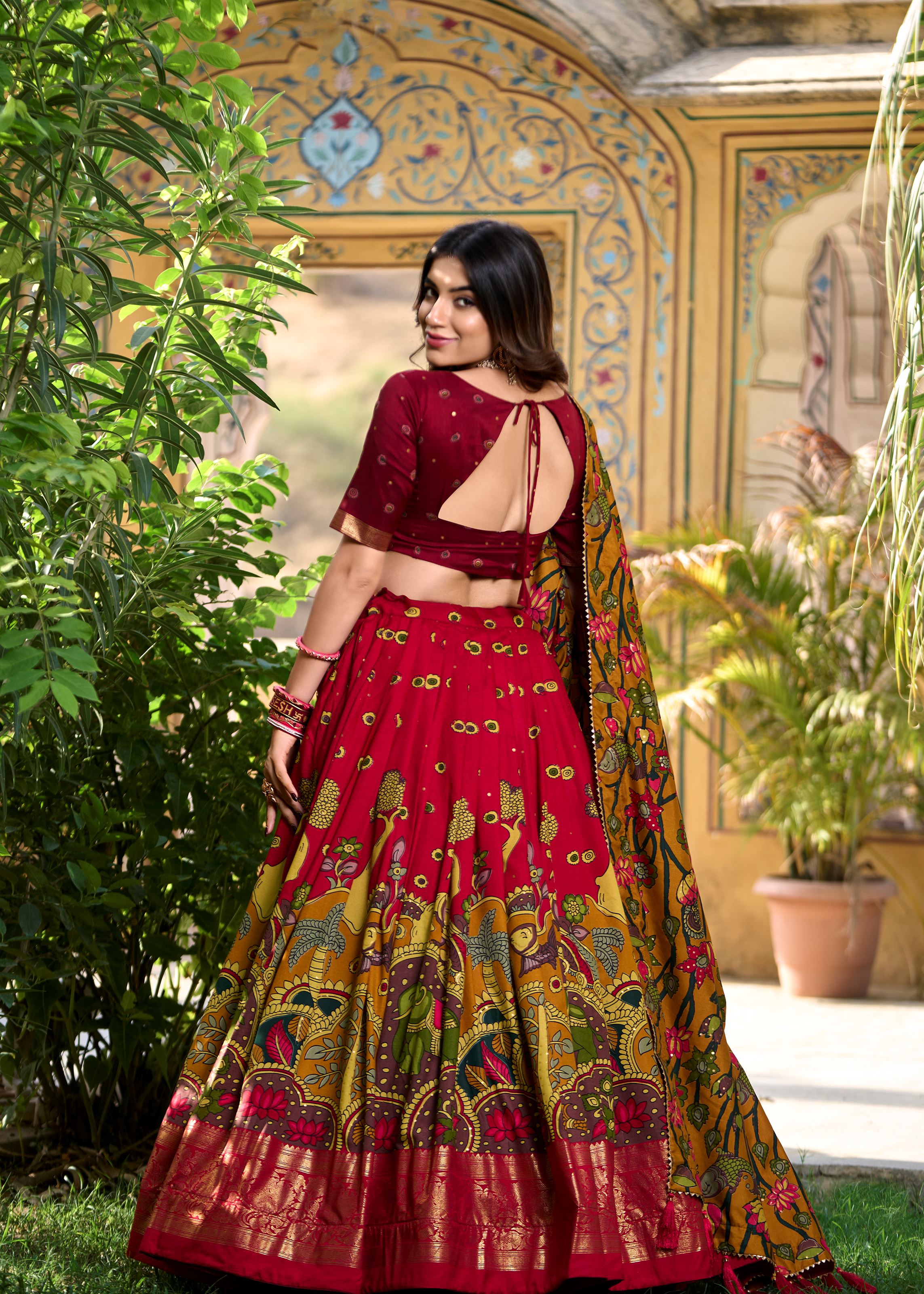 Red Elegance-Tussar Silk Kalamkari Print Lehenga with Foil Work Finish