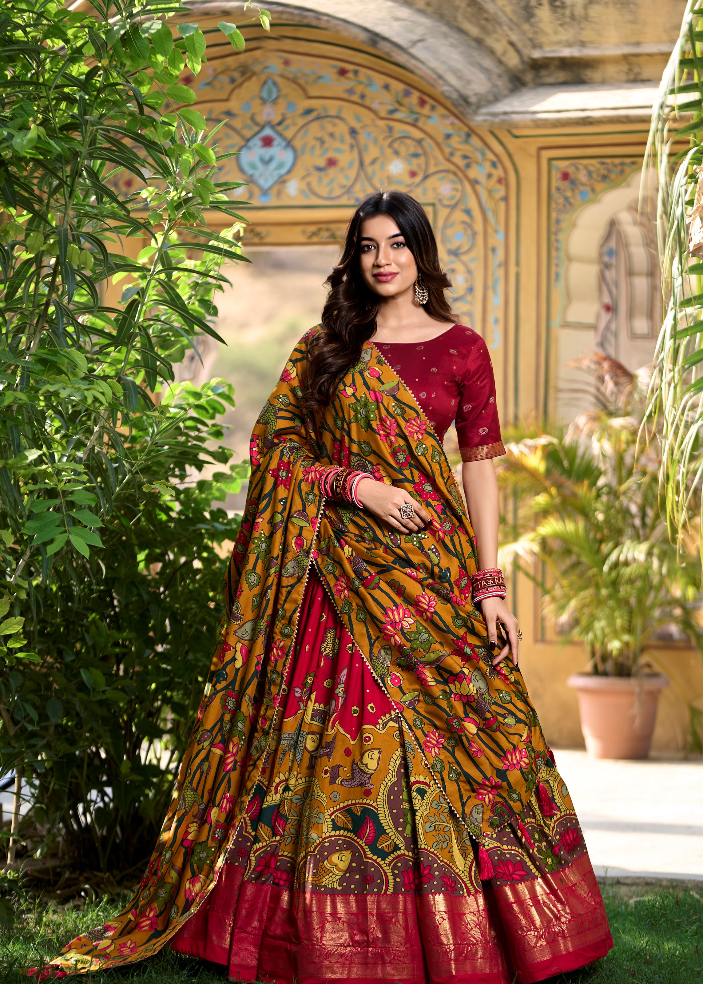 Red Elegance-Tussar Silk Kalamkari Print Lehenga with Foil Work Finish