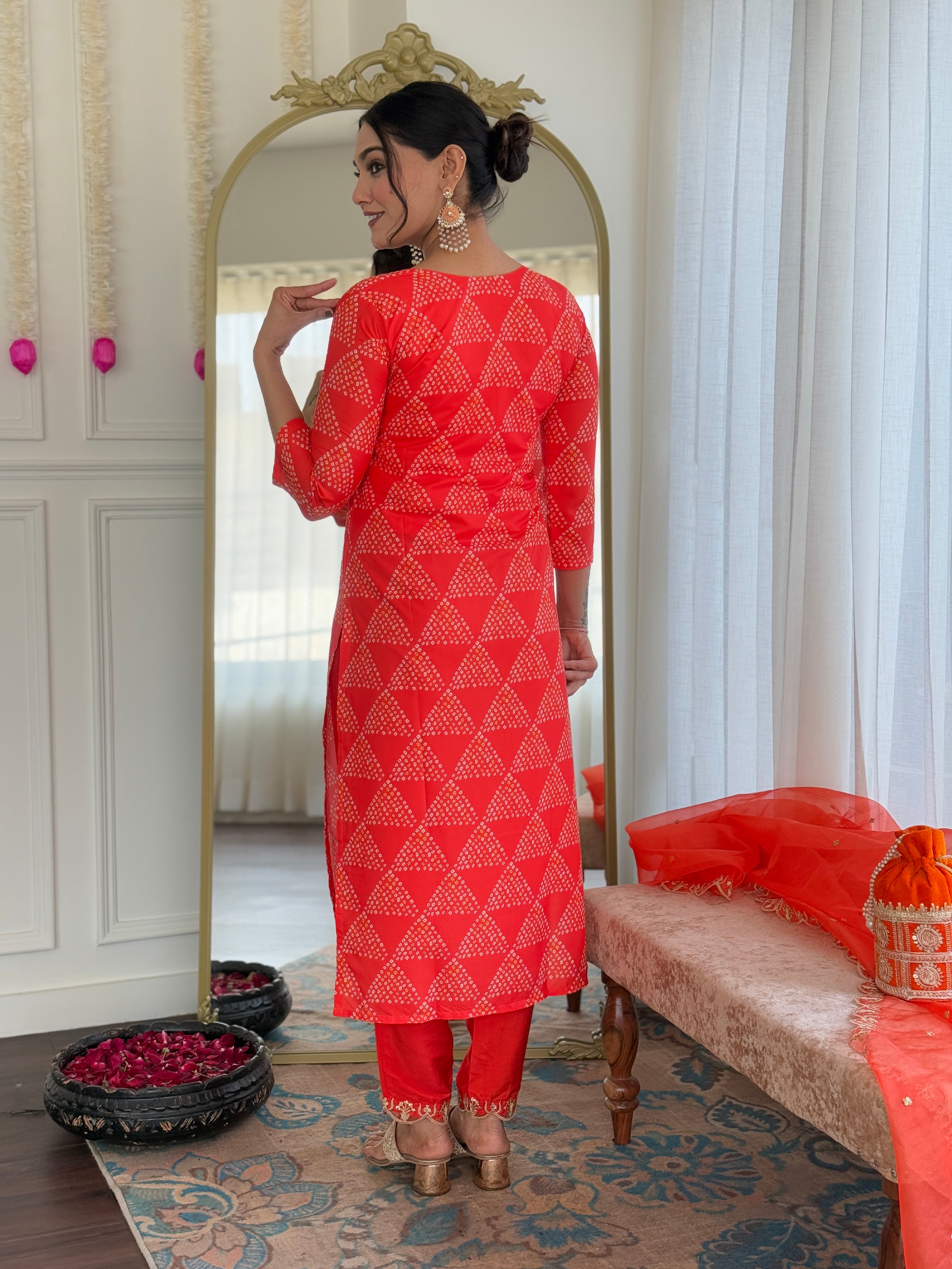 Red French Crepe Elegant Kurta Pant Set With Embroidery Work