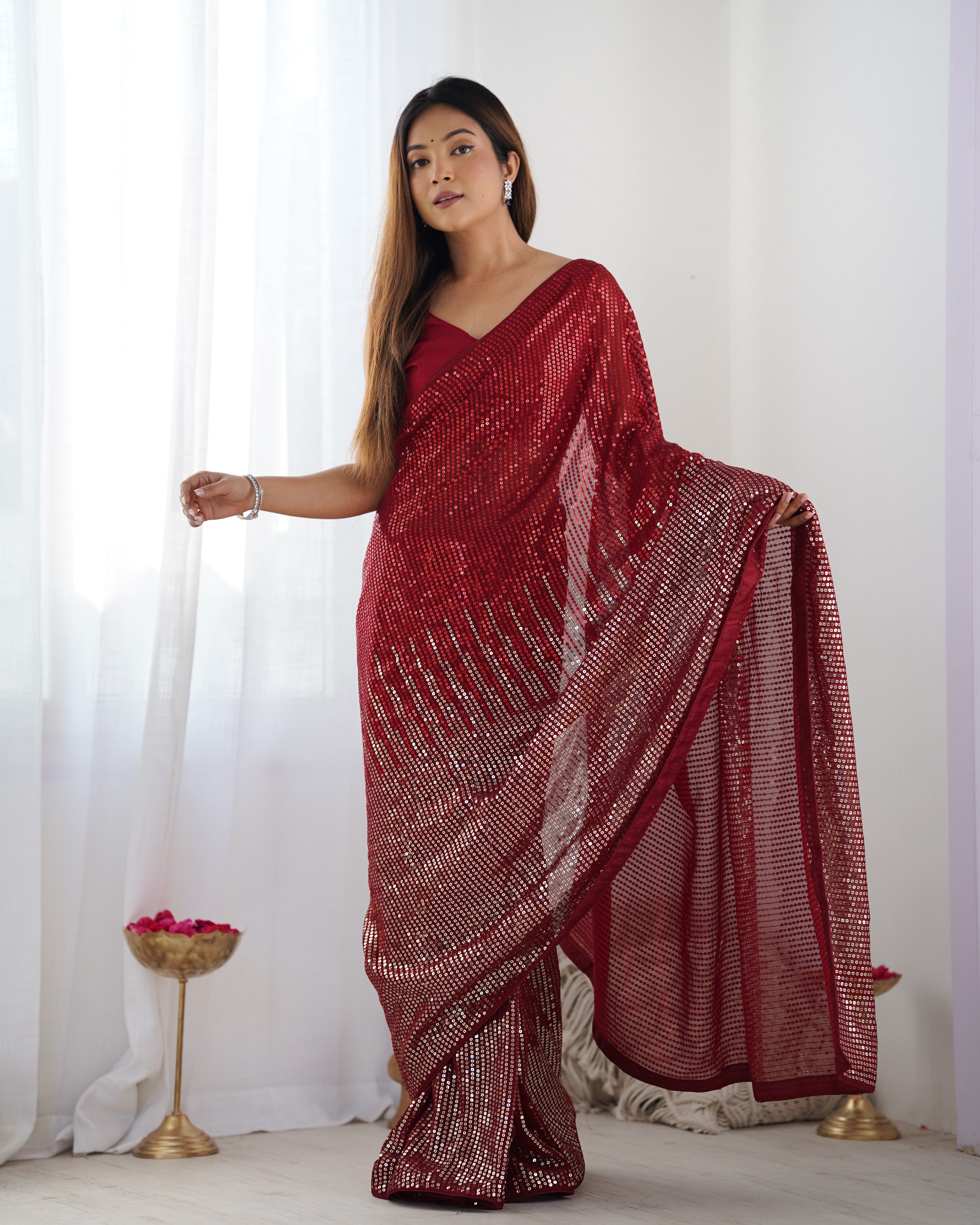 Red Georgette Designer Sequance Embroidery Work Bollywood Style Partywear Saree