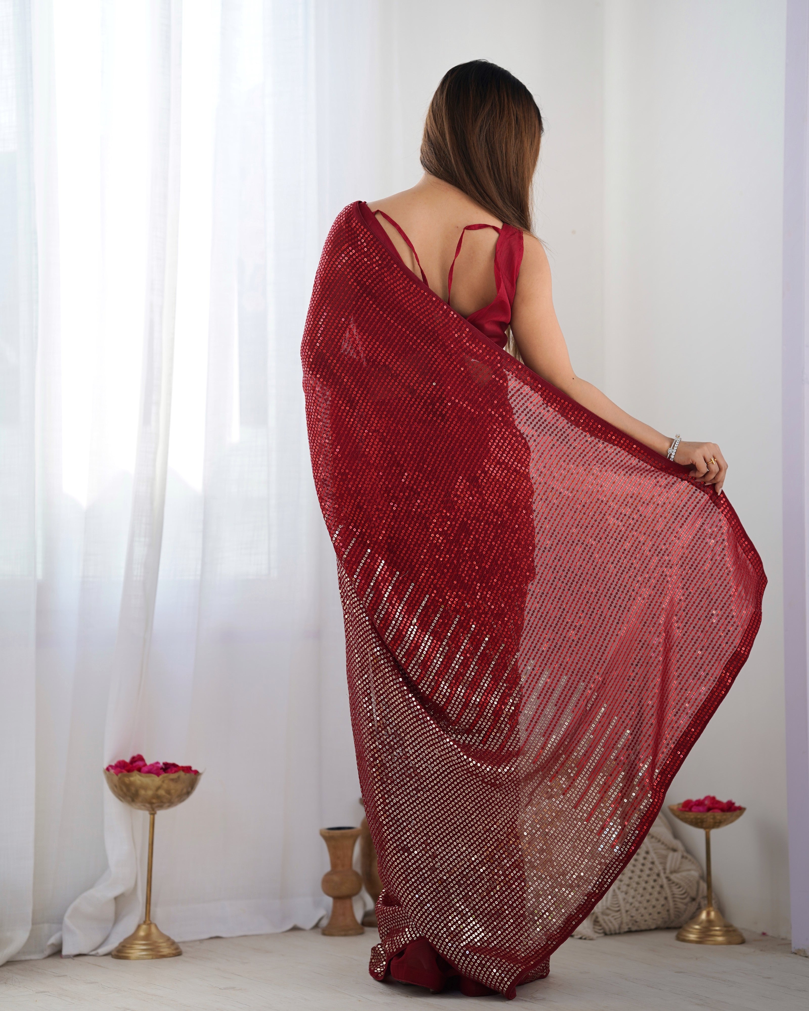 Red Georgette Designer Sequance Embroidery Work Bollywood Style Partywear Saree