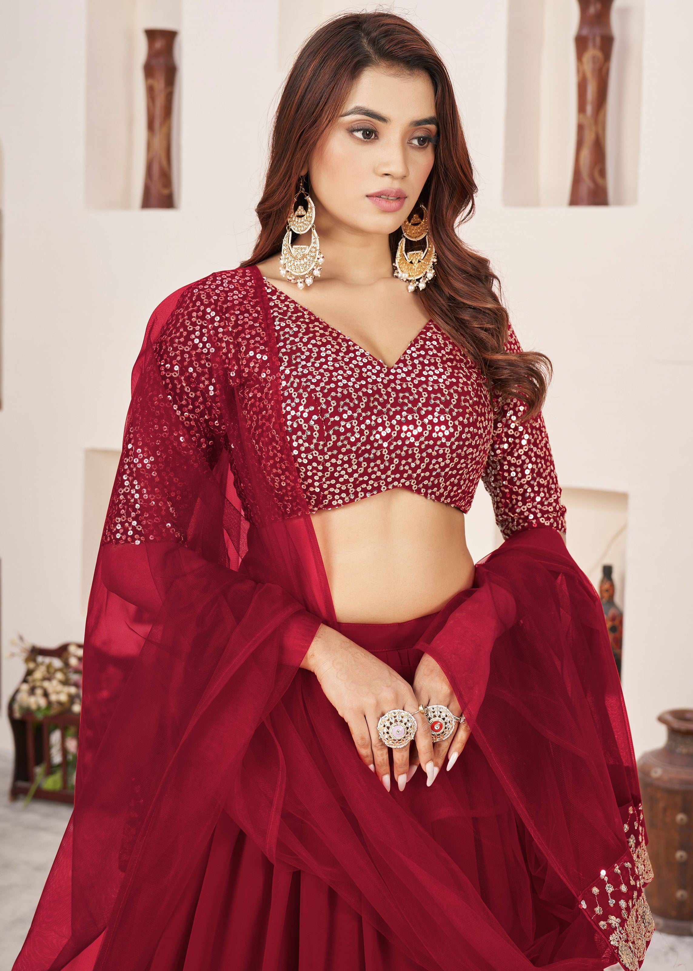 Red Georgette Lehenga Choli With Sequins Zari Embroidered Work