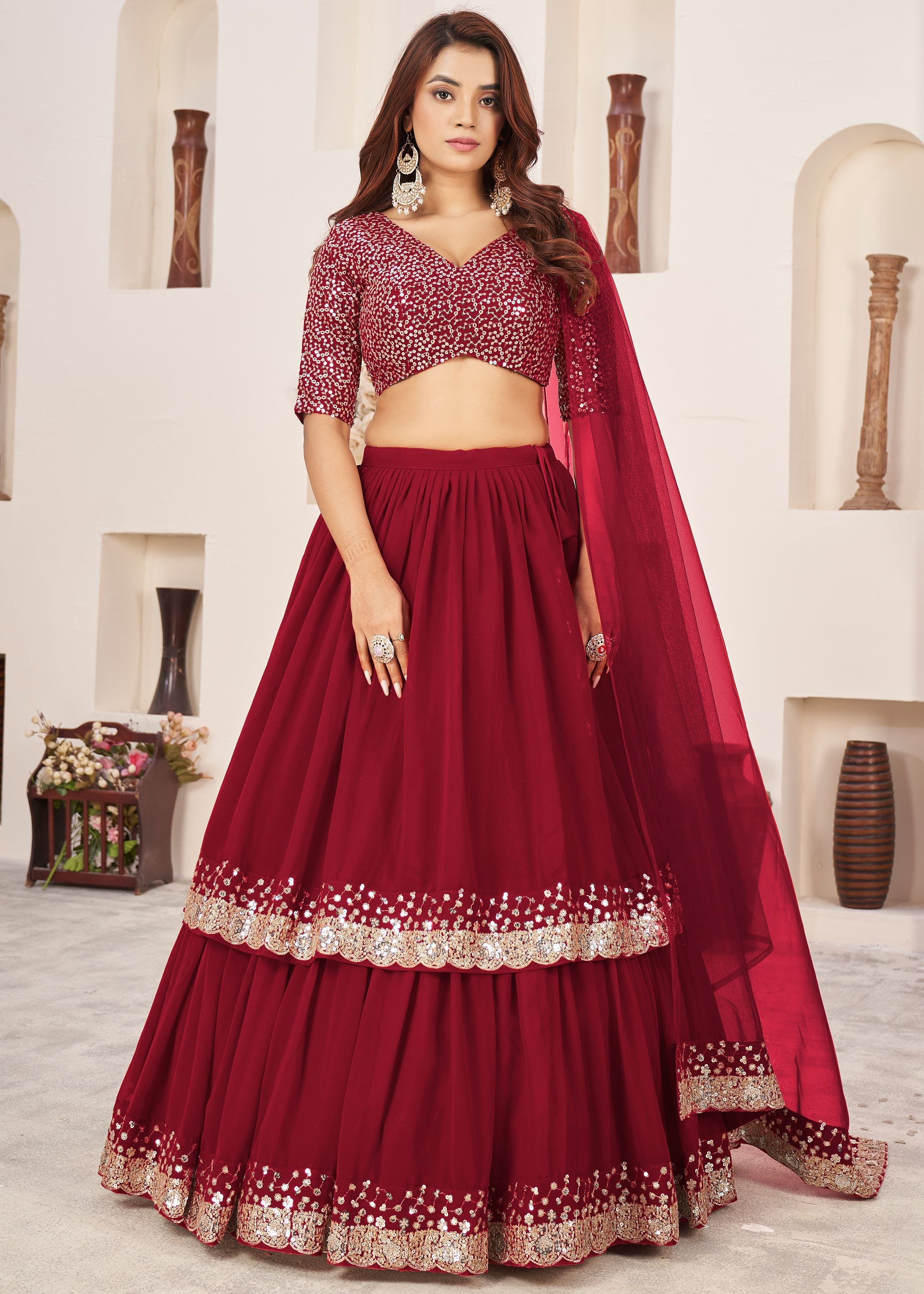 Red Georgette Lehenga Choli With Sequins Zari Embroidered Work