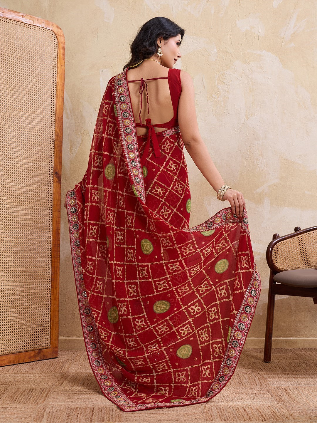 Red Georgette Saree With Embroidery Designer Classic Saree