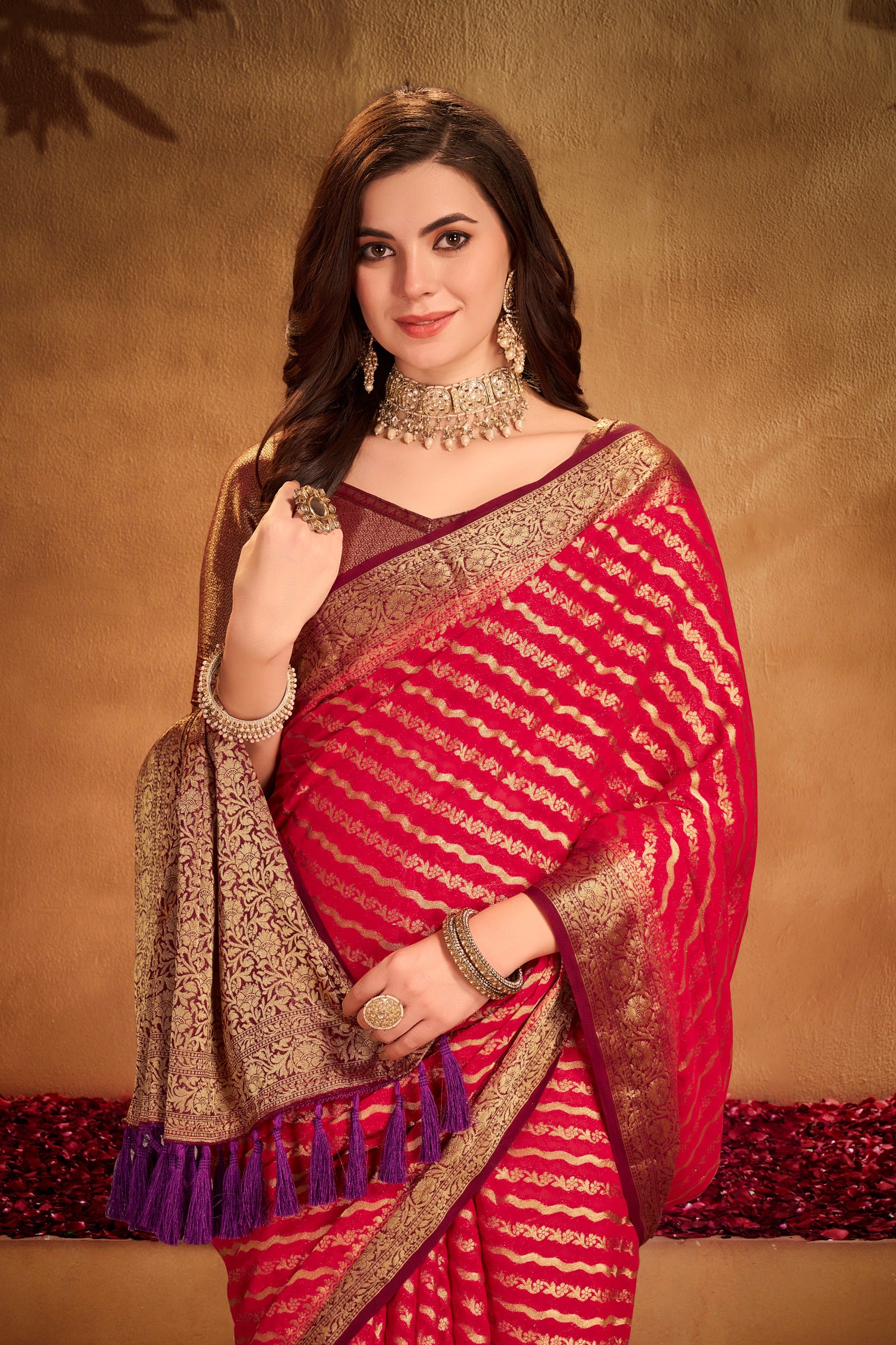 Red Georgette Woven Designer Saree