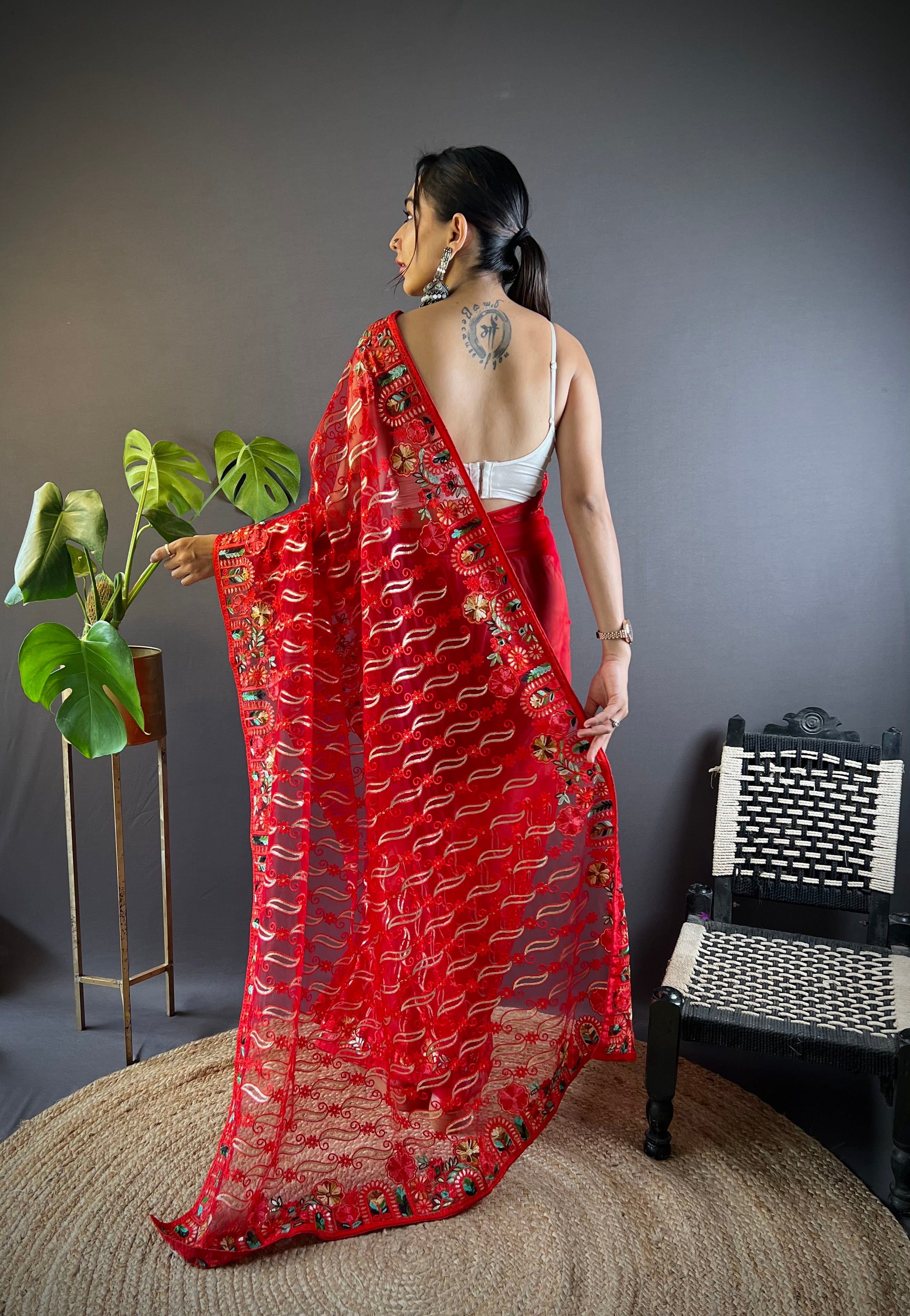 Red Girlie Butterfly Net Fabric Stylish Resham Embroidered Partywear Saree