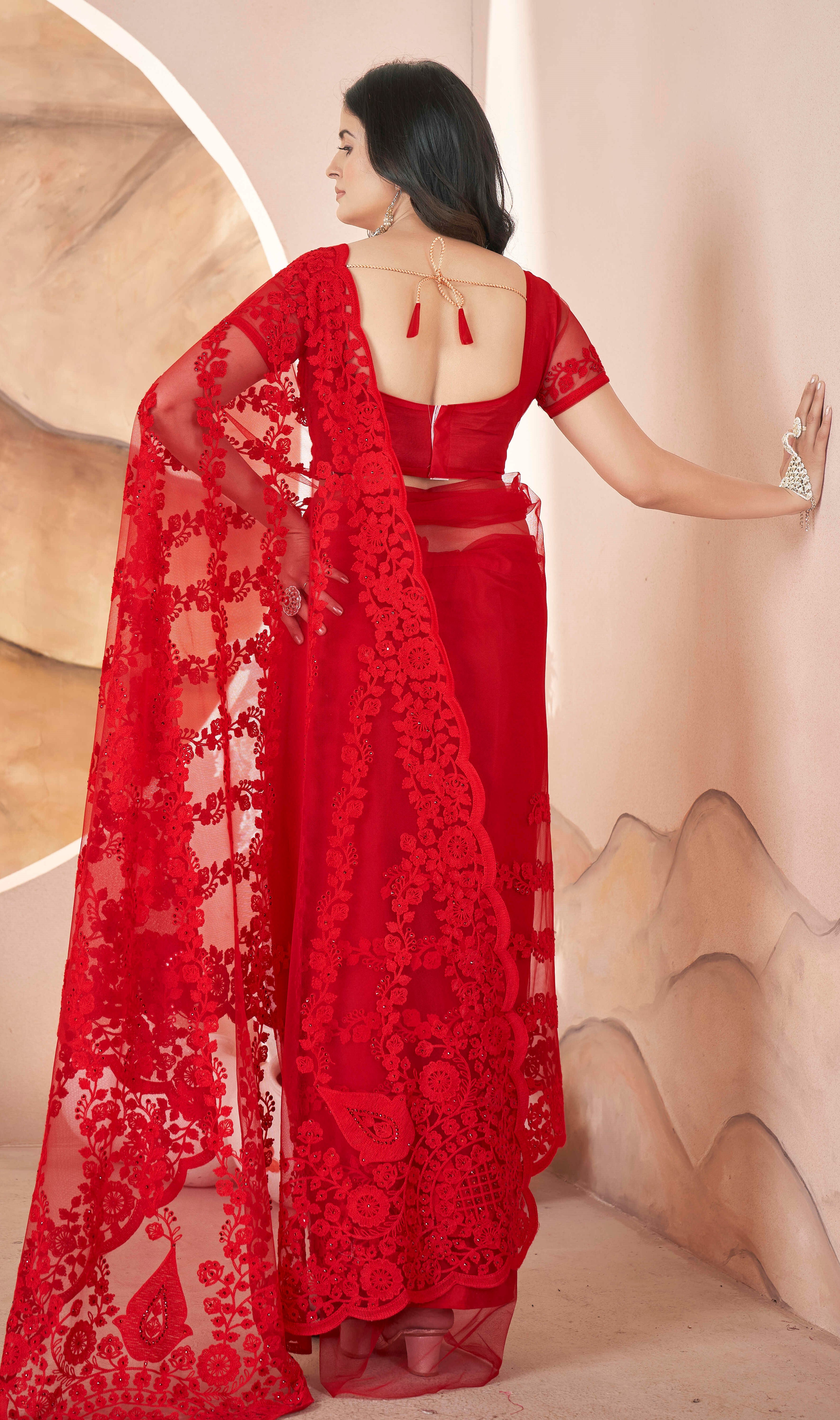 Red Girlie Butterfly Net Tone To Tone Thread Embroidery With Stone Work Saree