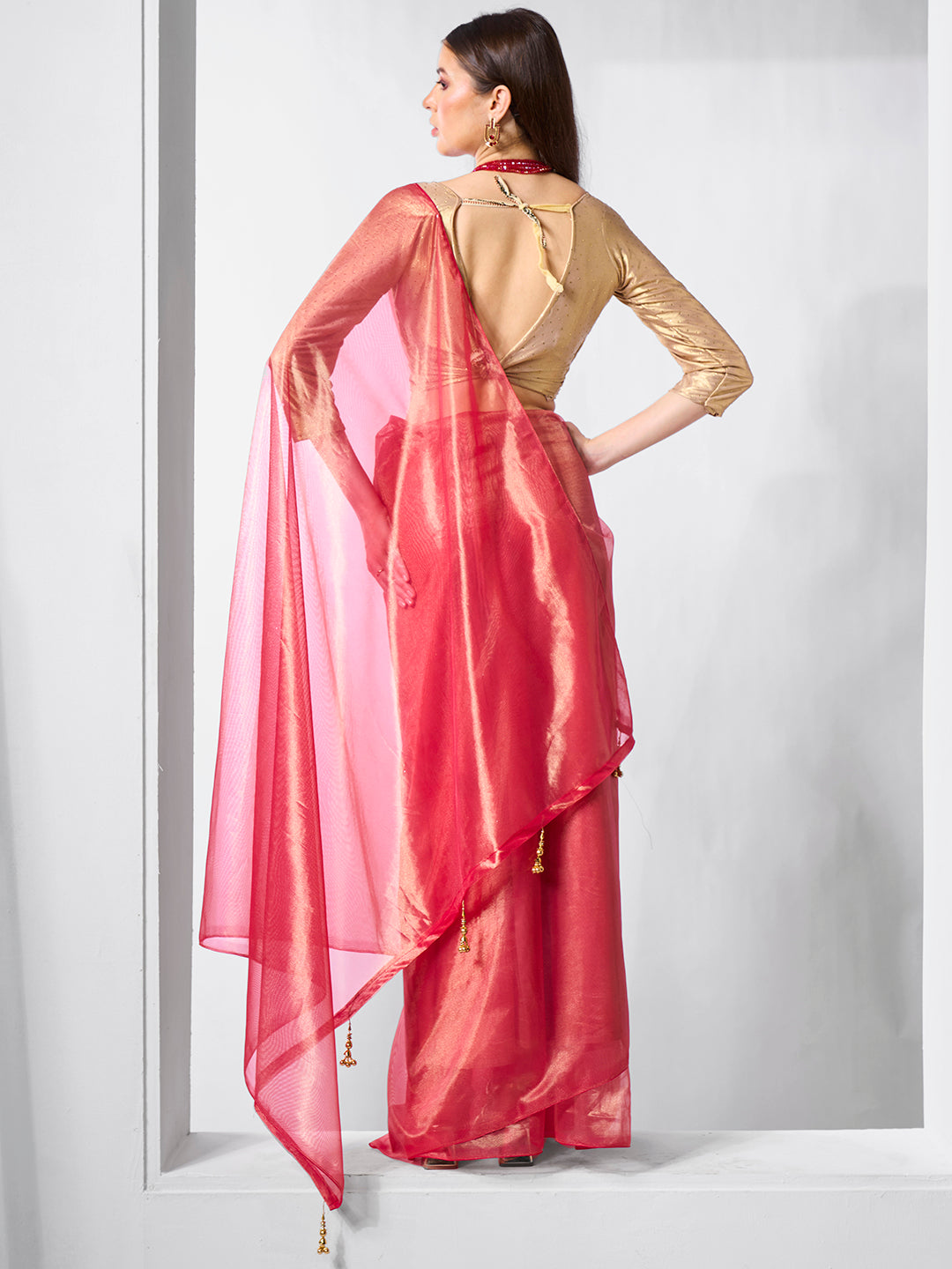 Red Gold Tissue Net Solid Texture Saree With Graceful Gold Cotted