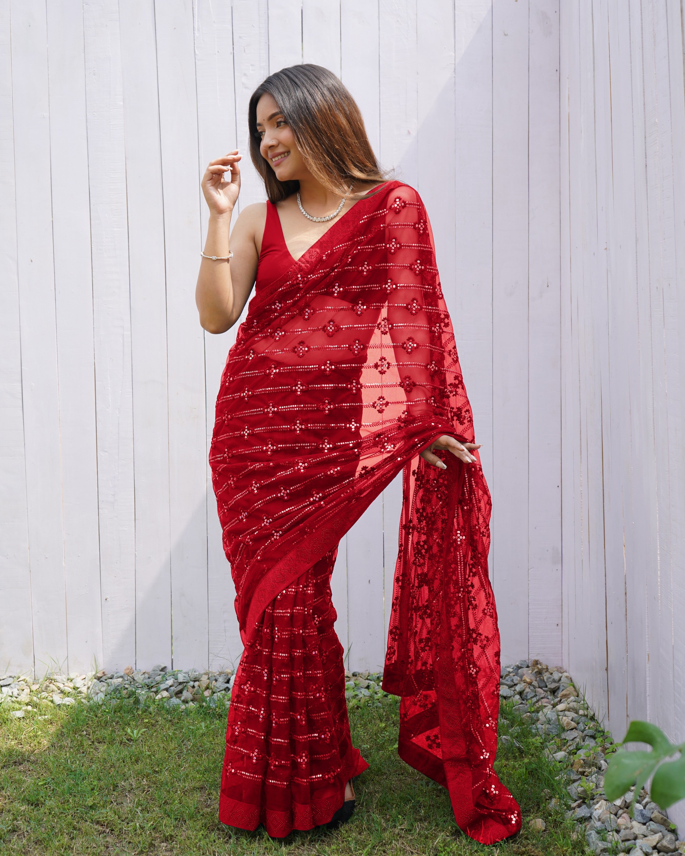 Red Graceful Butterfly Net Sequins Embroidery Saree With Diamond Work