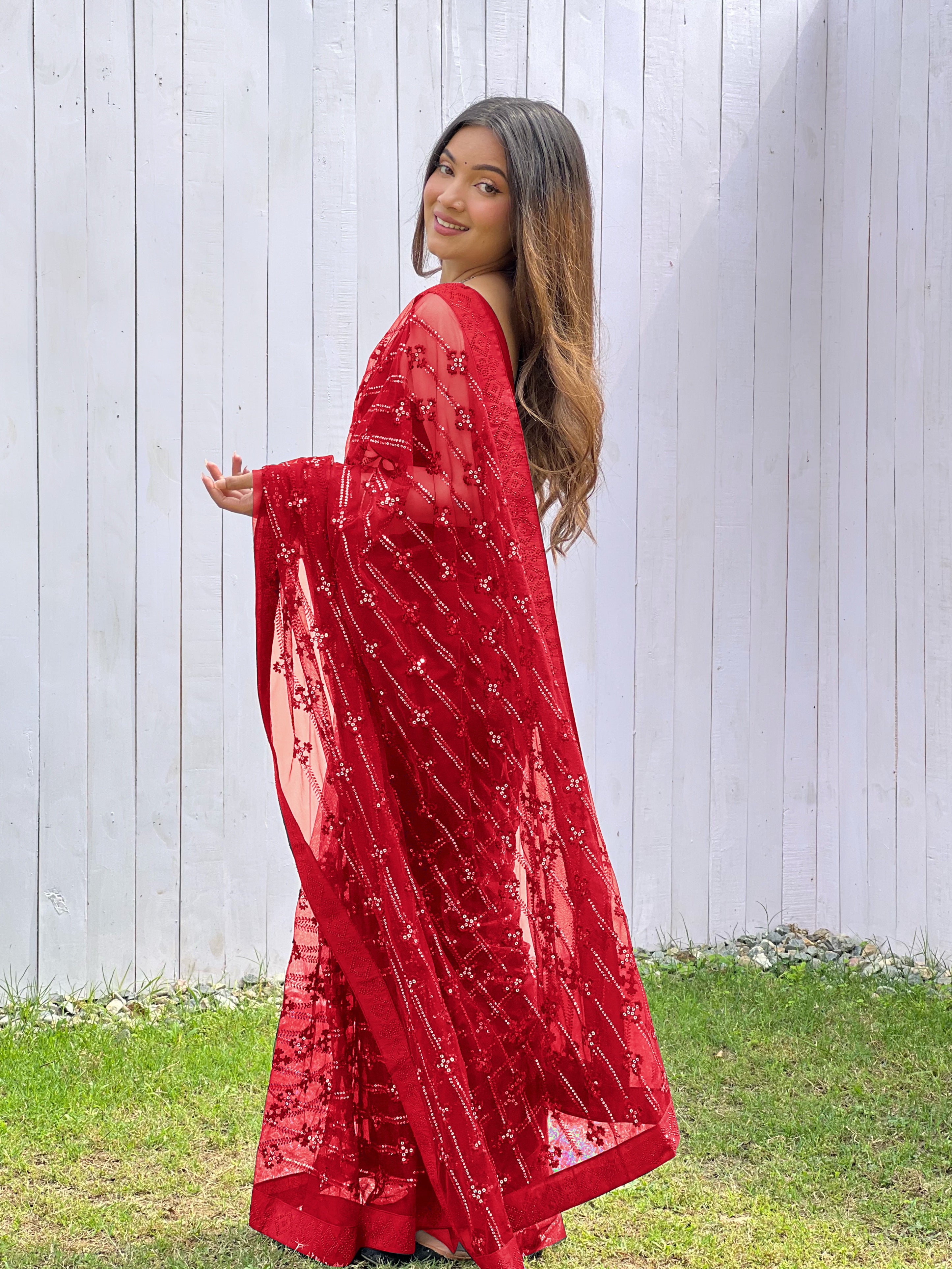 Red Graceful Butterfly Net Sequins Embroidery Saree With Diamond Work