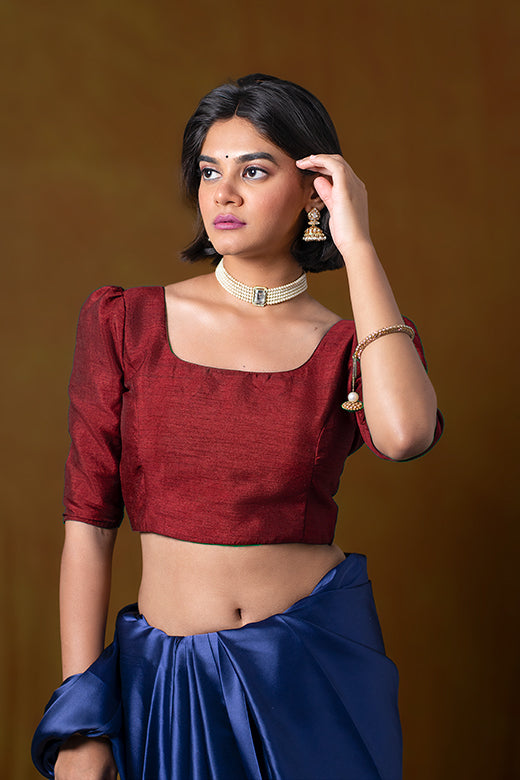 Red Half-Sleeve Blouse in Art Silk with Round Neckline