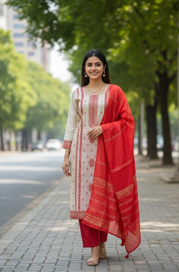 Red Jacquard Silk Designer Suit Set With Regal Woven Patterns