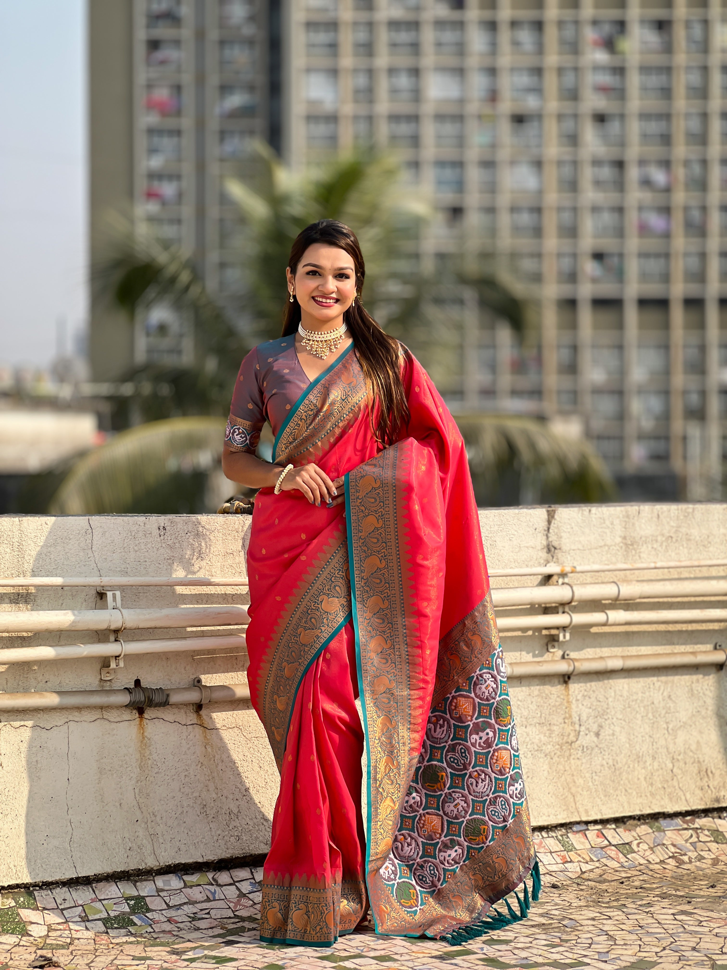 Red Jari Tissue Woven Meenakari Pallu Designer Heavy Ethnic Saree