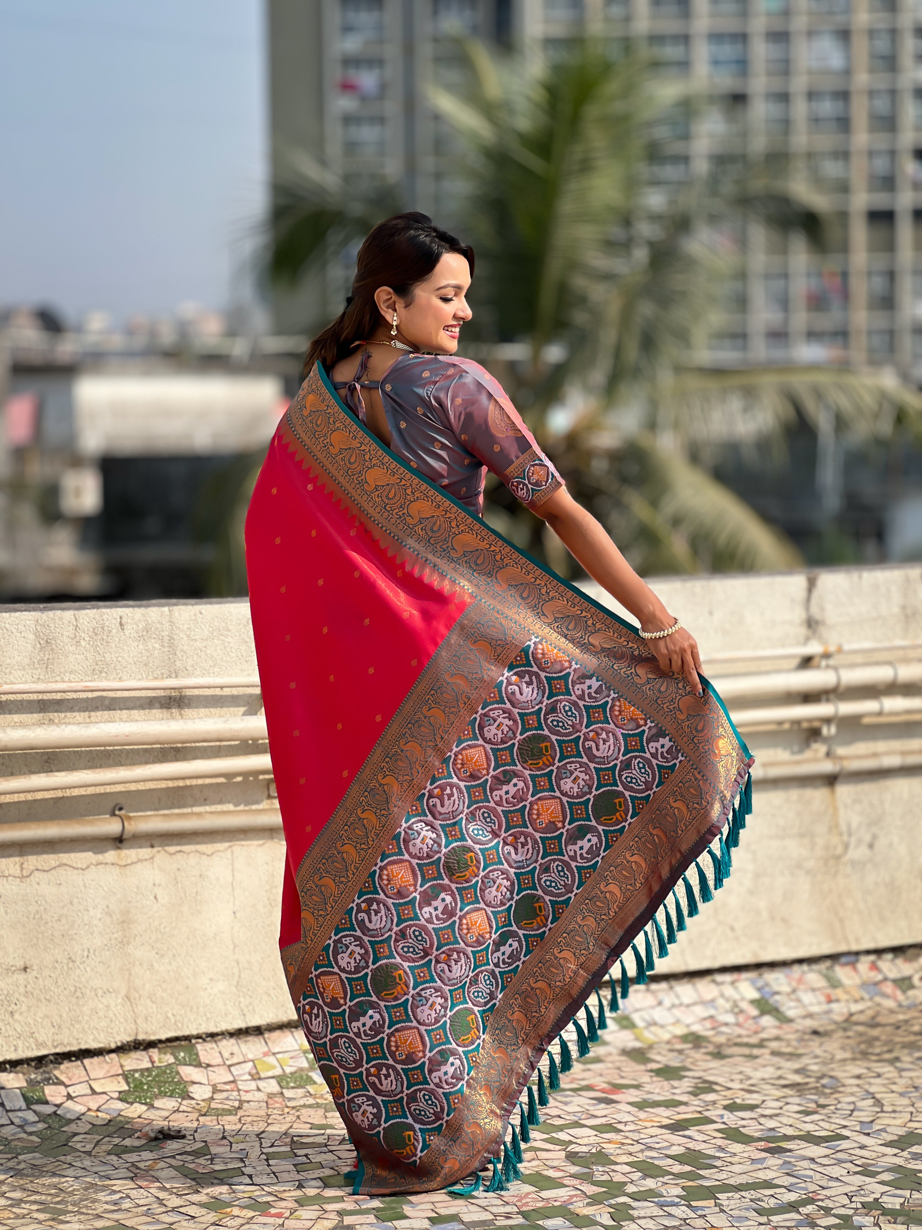 Red Jari Tissue Woven Meenakari Pallu Designer Heavy Ethnic Saree
