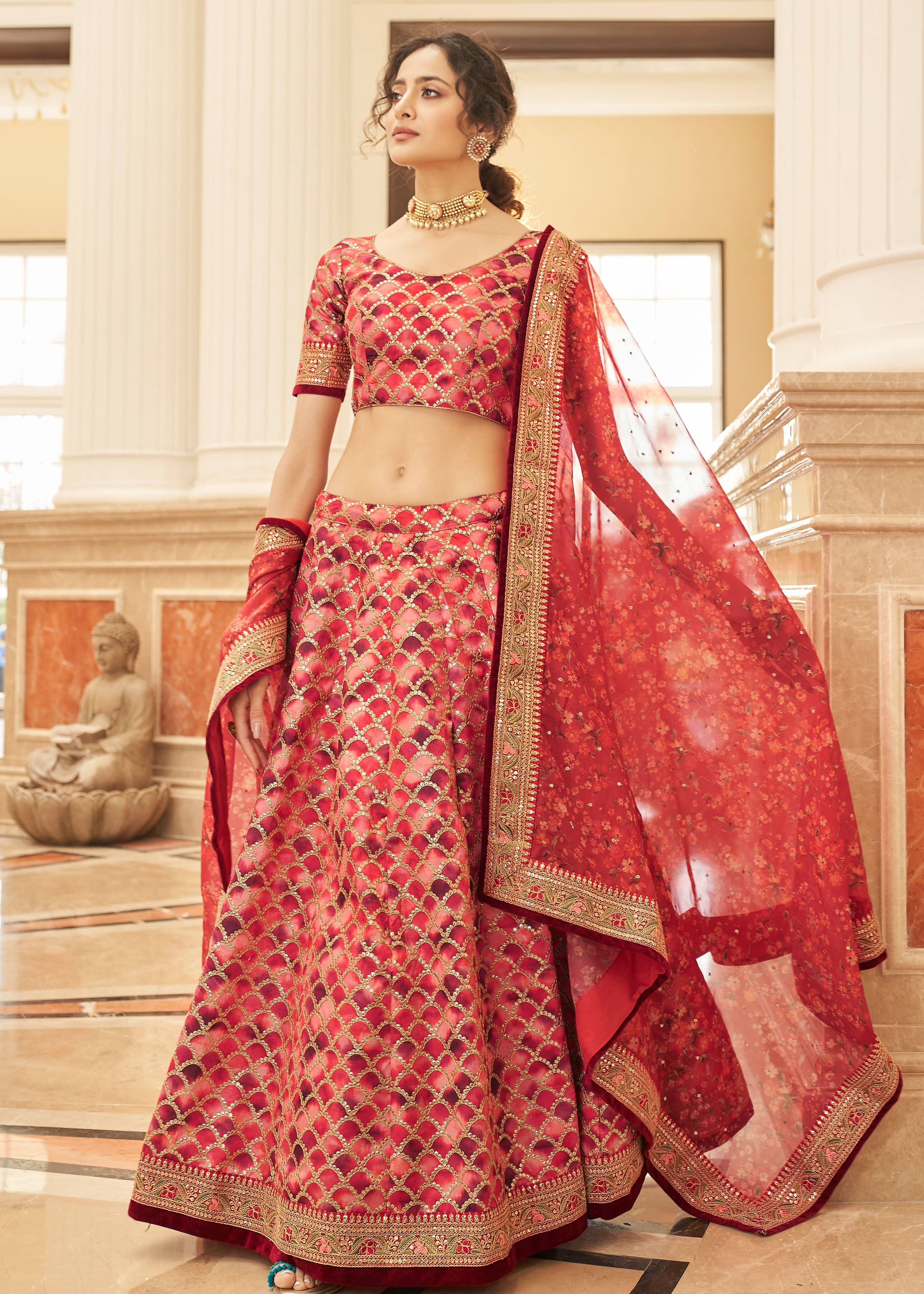 Red Lehenga Choli With Thread, Zari, Dori And Sequins Embroidery Work