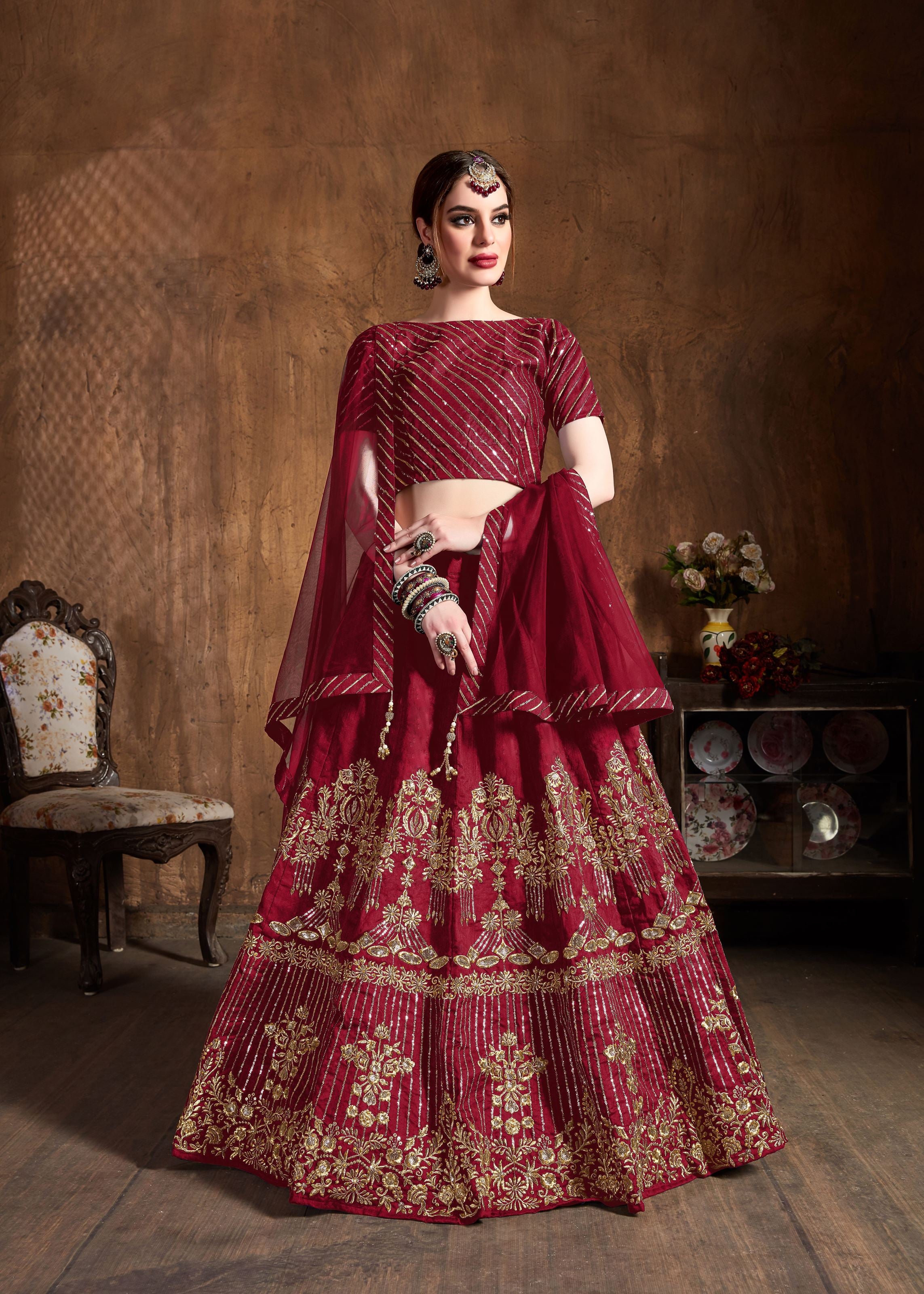 Red Lehenga Choli With Zari, Sequins Embroidery And Diamond Work