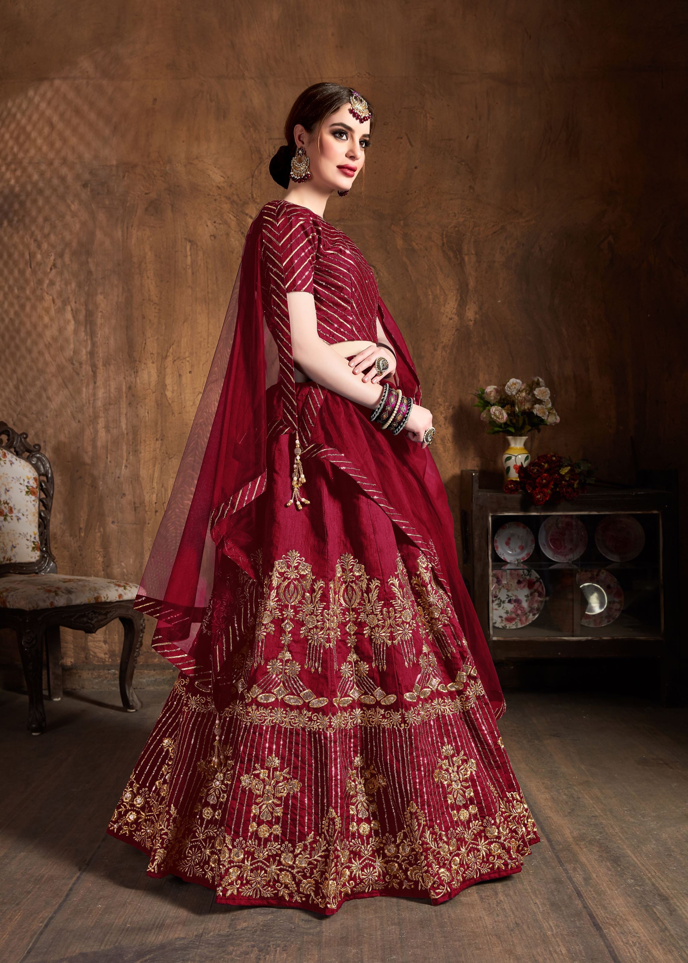 Red Lehenga Choli With Zari, Sequins Embroidery And Diamond Work