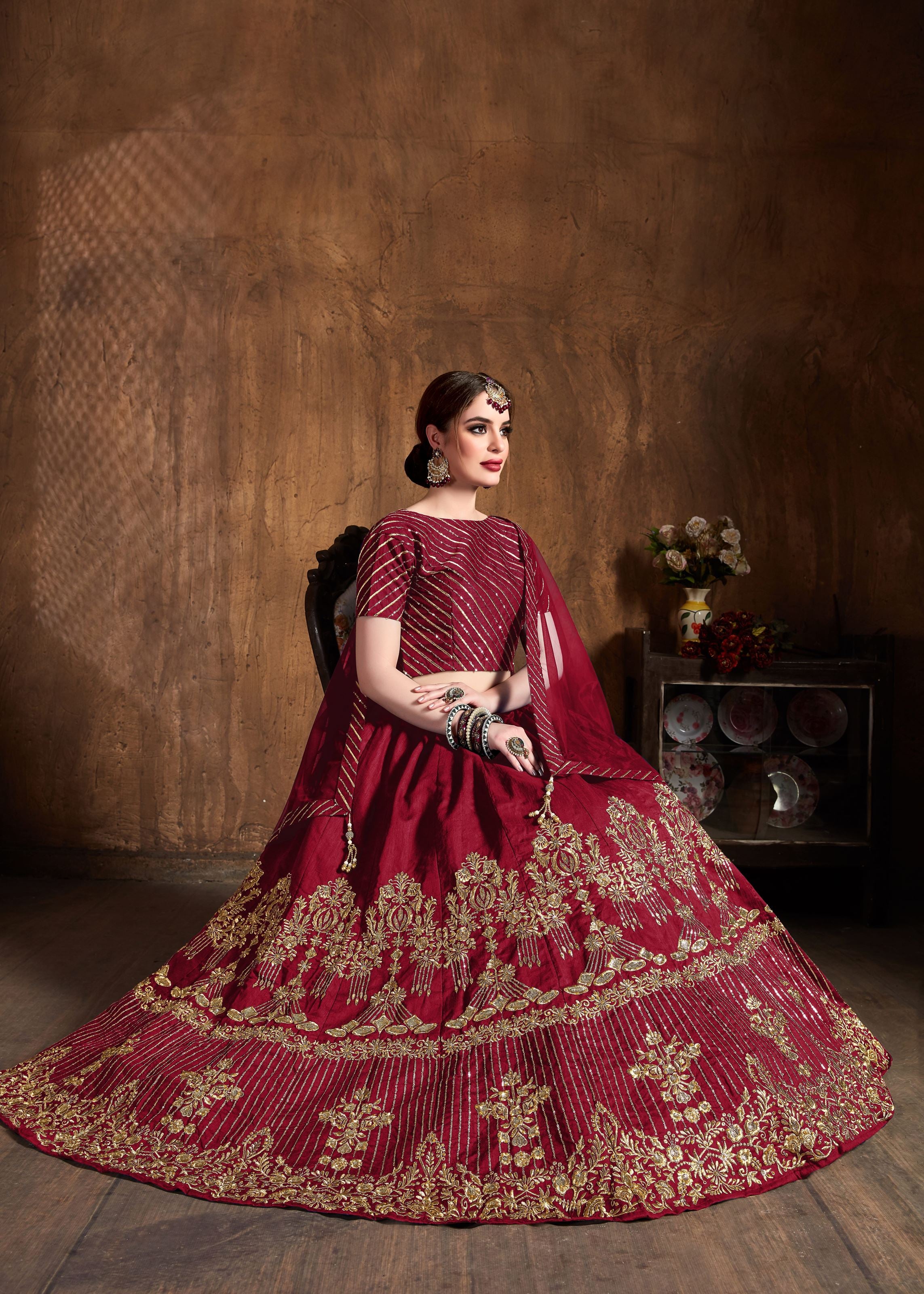 Red Lehenga Choli With Zari, Sequins Embroidery And Diamond Work