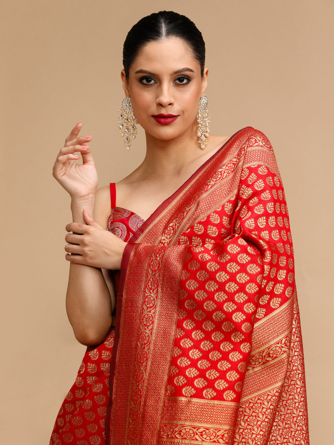 Red Lichi Silk Saree Woven Jacquard Designer For Ceremonial Looks