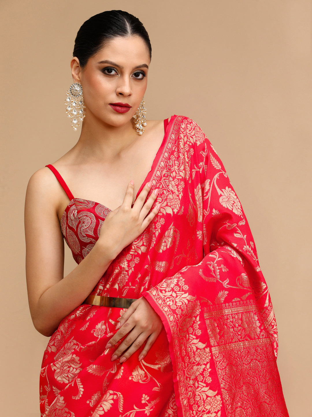 Red Lichi Silk Saree Woven Jacquard Designer For Ceremonial Looks