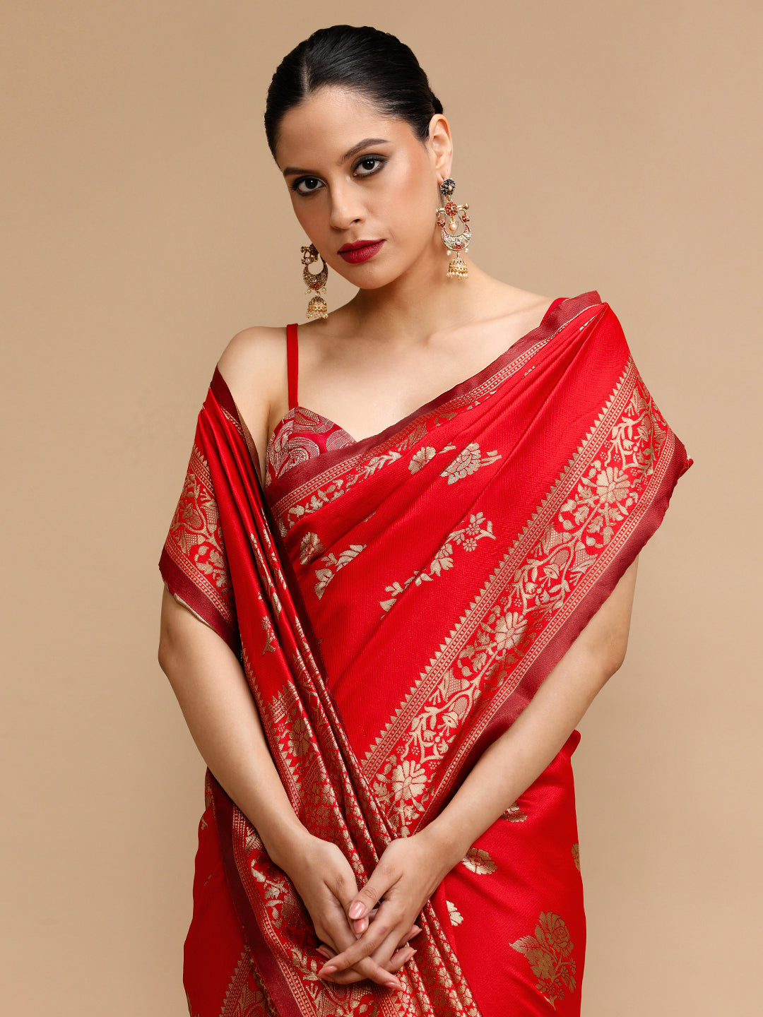 Red Lichi Silk Saree Woven Jacquard Designer For Ceremonial Looks