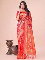 Red Lichi Silk Woven Designer Girlie Partywear Saree