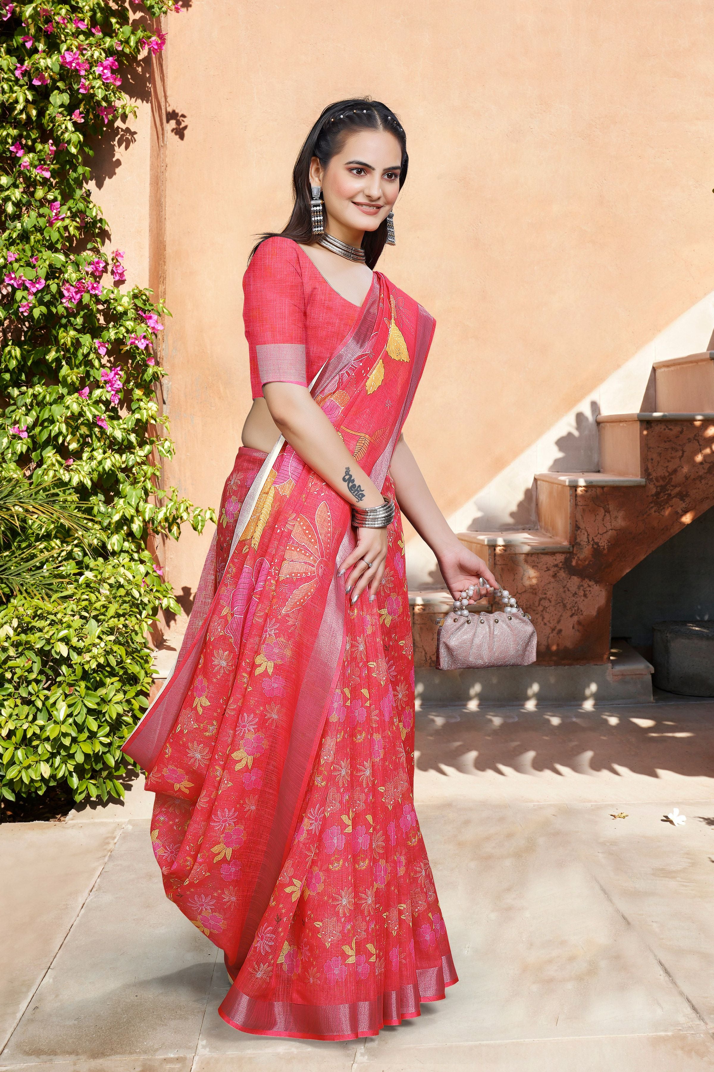Red Linen Cotton Woven Border Designer Printed Saree