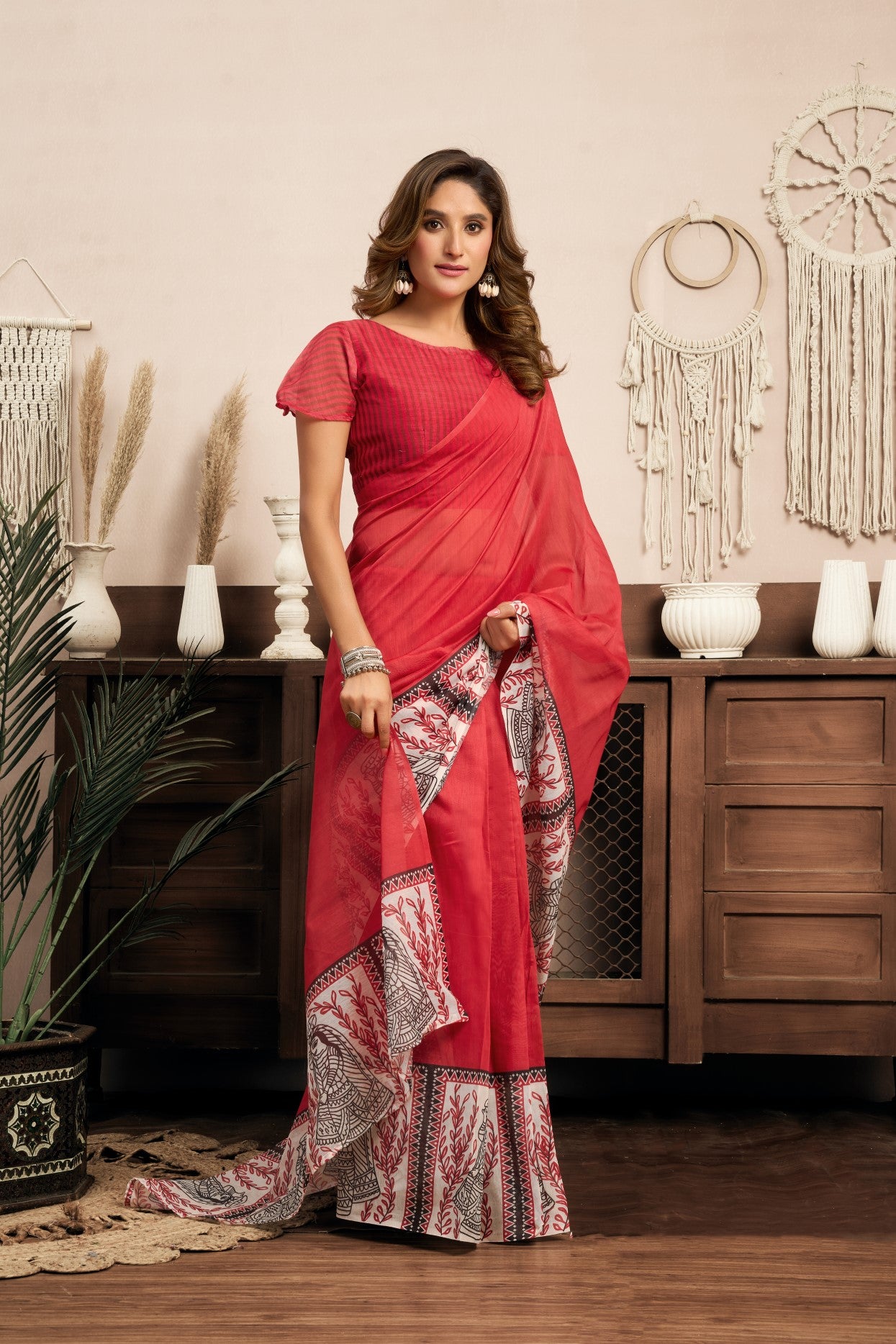 Red Linen Ready To Wear Saree With Zari Border Printed