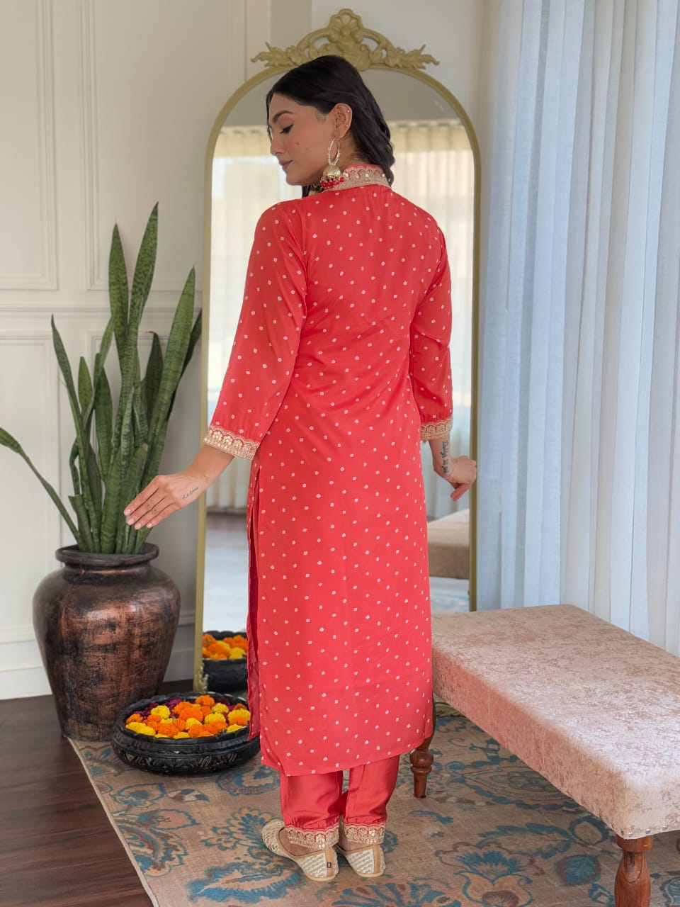 Red Muslin Silk Kurta Pant Set With Print With Thread Embroidery Work