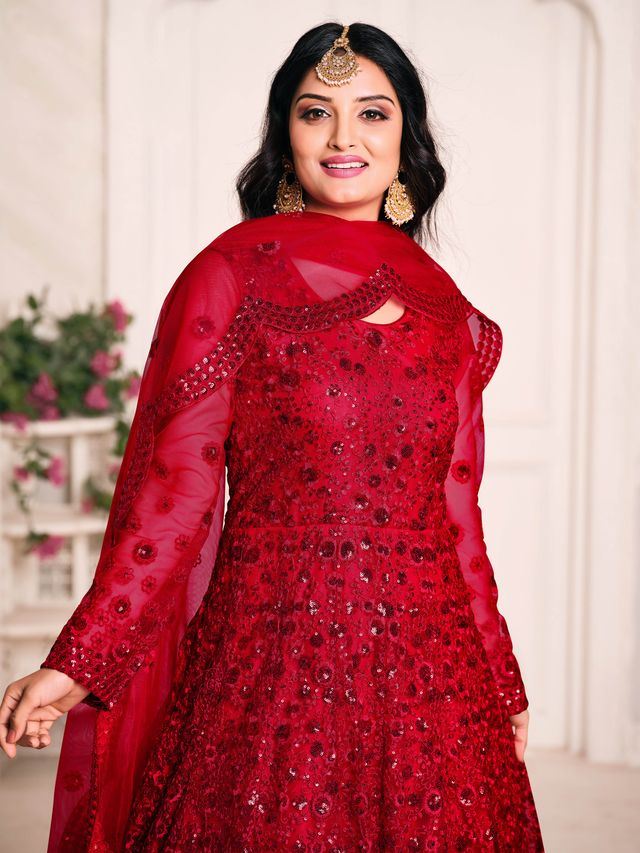 Red Net Heavy Thread Embroidery And Sequence Work  Anarkali Suits