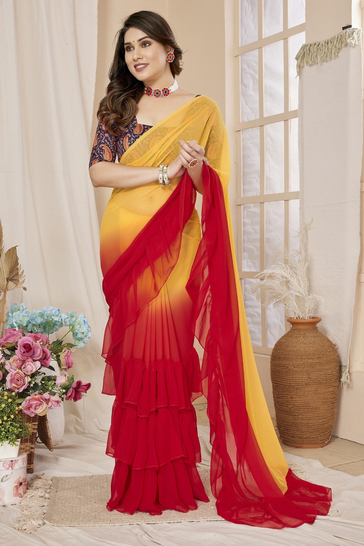 Red Orange Georgette Saree With Ruffle Saree With Printed Blouse