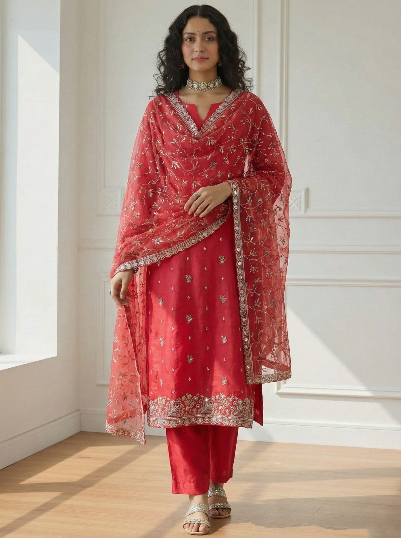 Red Organza Salwar Suit With Thread Embroidery