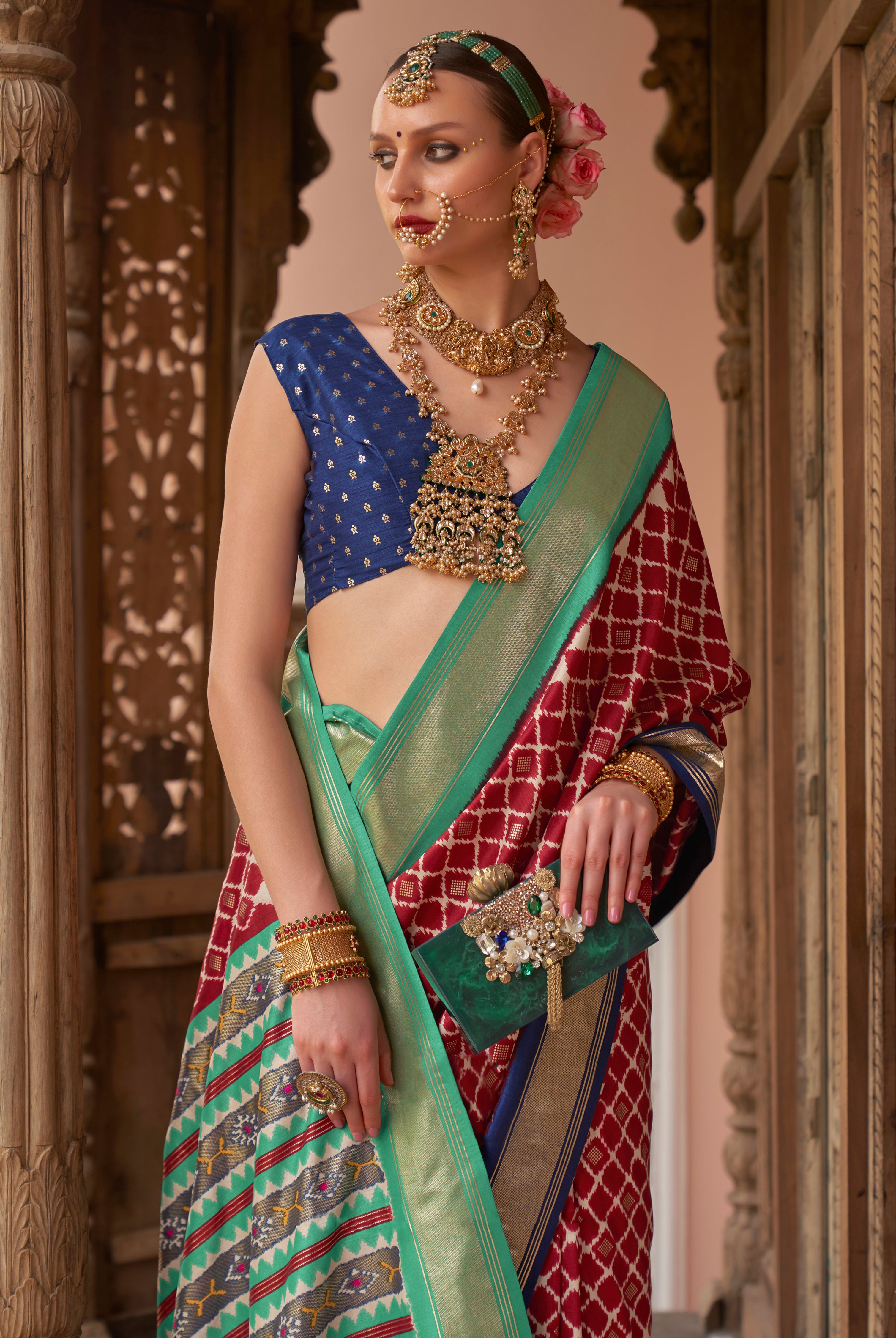 Red PV Silk Saree with  Printed