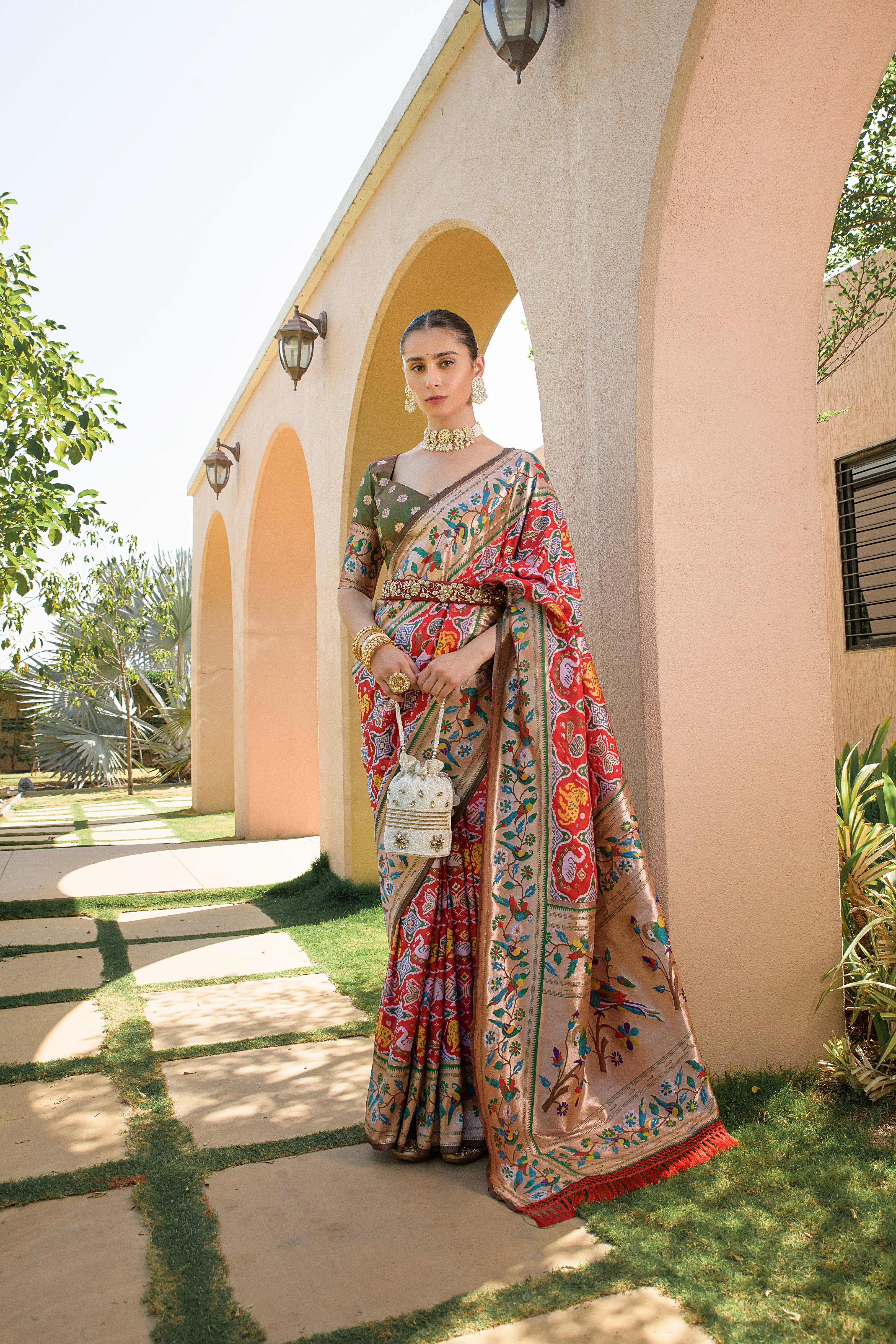 Red Paithani Silk Saree with Meenakari Zari and Pallu