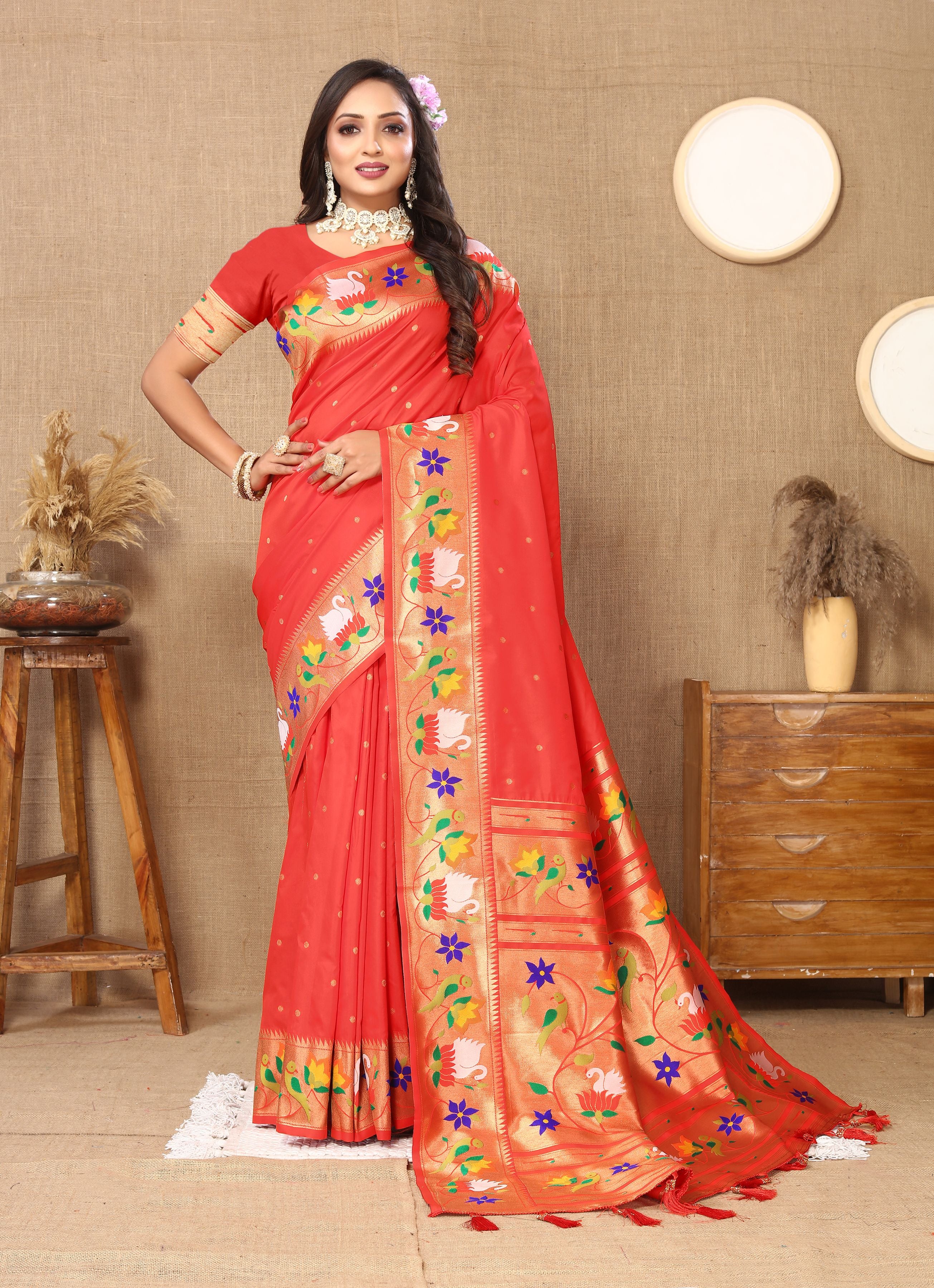 Red Paithani Silk Woven Meenakari Paithani Designer Ethnic Heavy Looks Saree