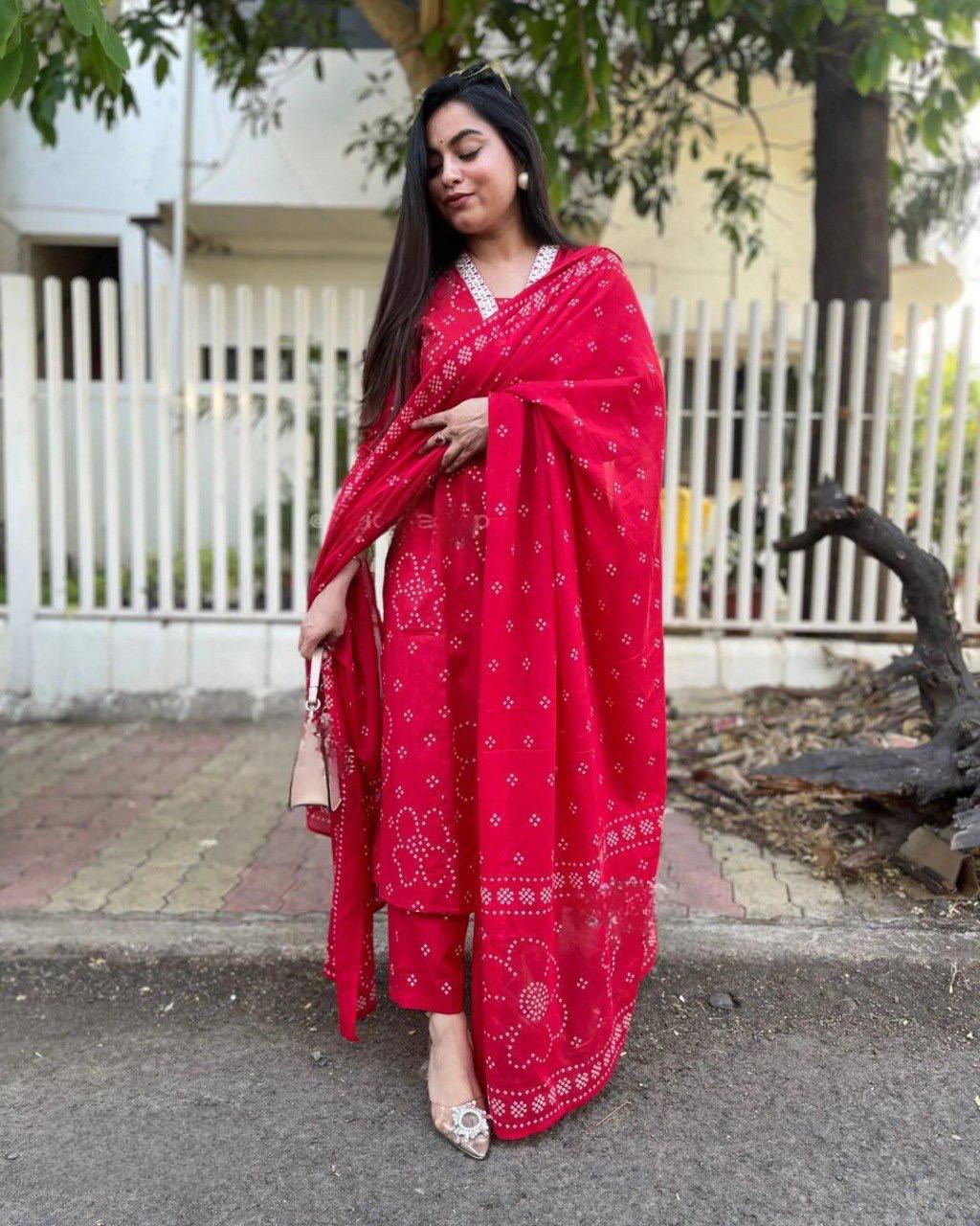 Red Rayon Kurta Pant Set  Printed