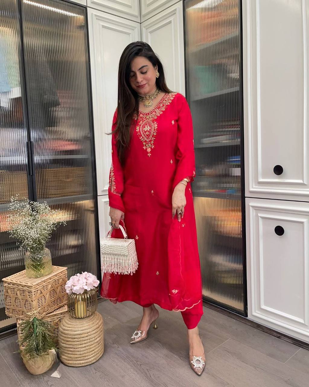 Red Rayon Kurta Pant with Heavy Thread Embroidery Work