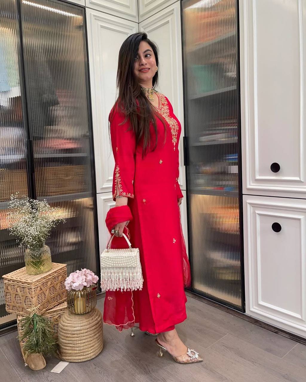 Red Rayon Kurta Pant with Heavy Thread Embroidery Work