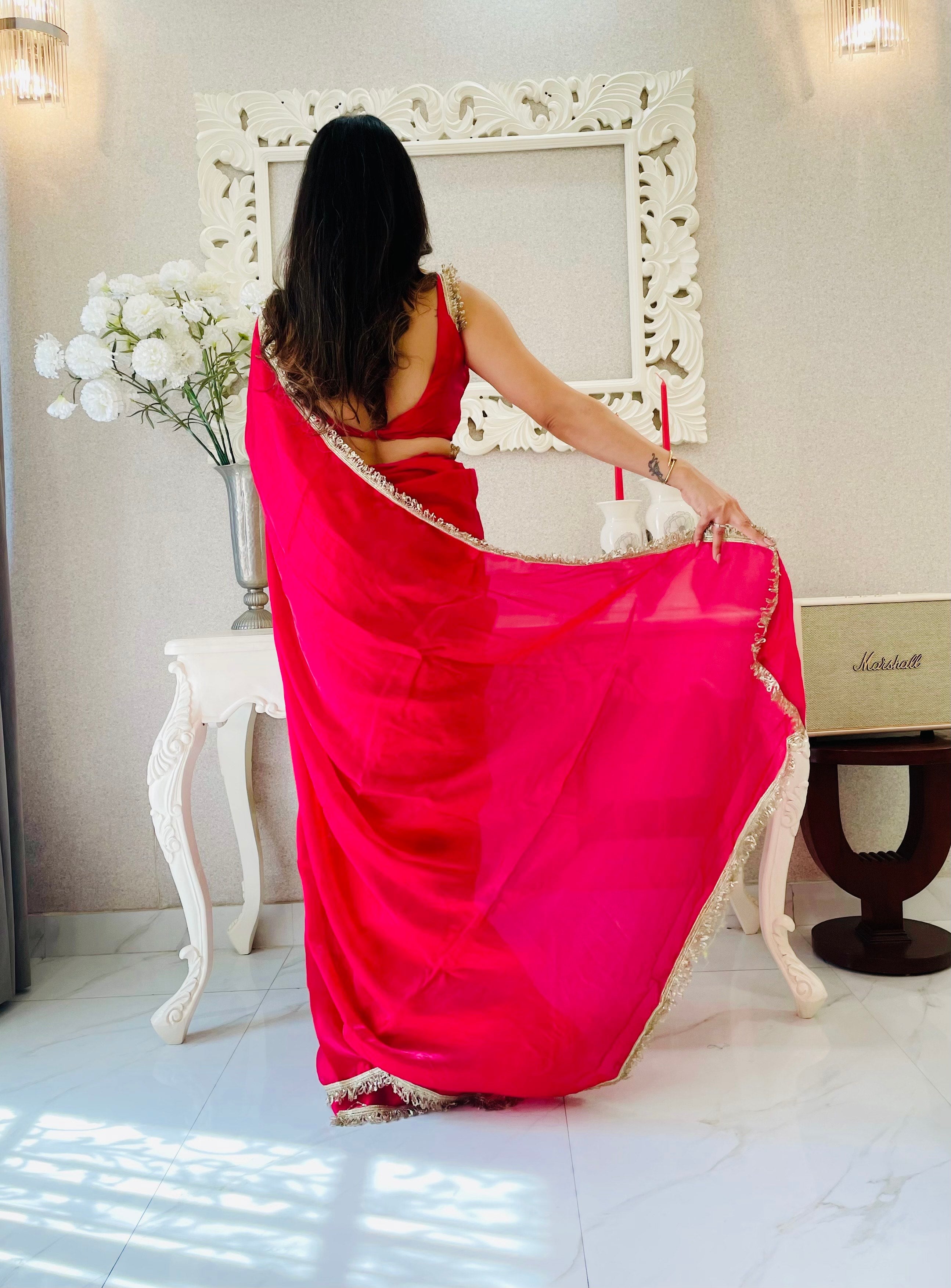 Red Ready To Wear Fendy Satin Saree Designed With Lace Border