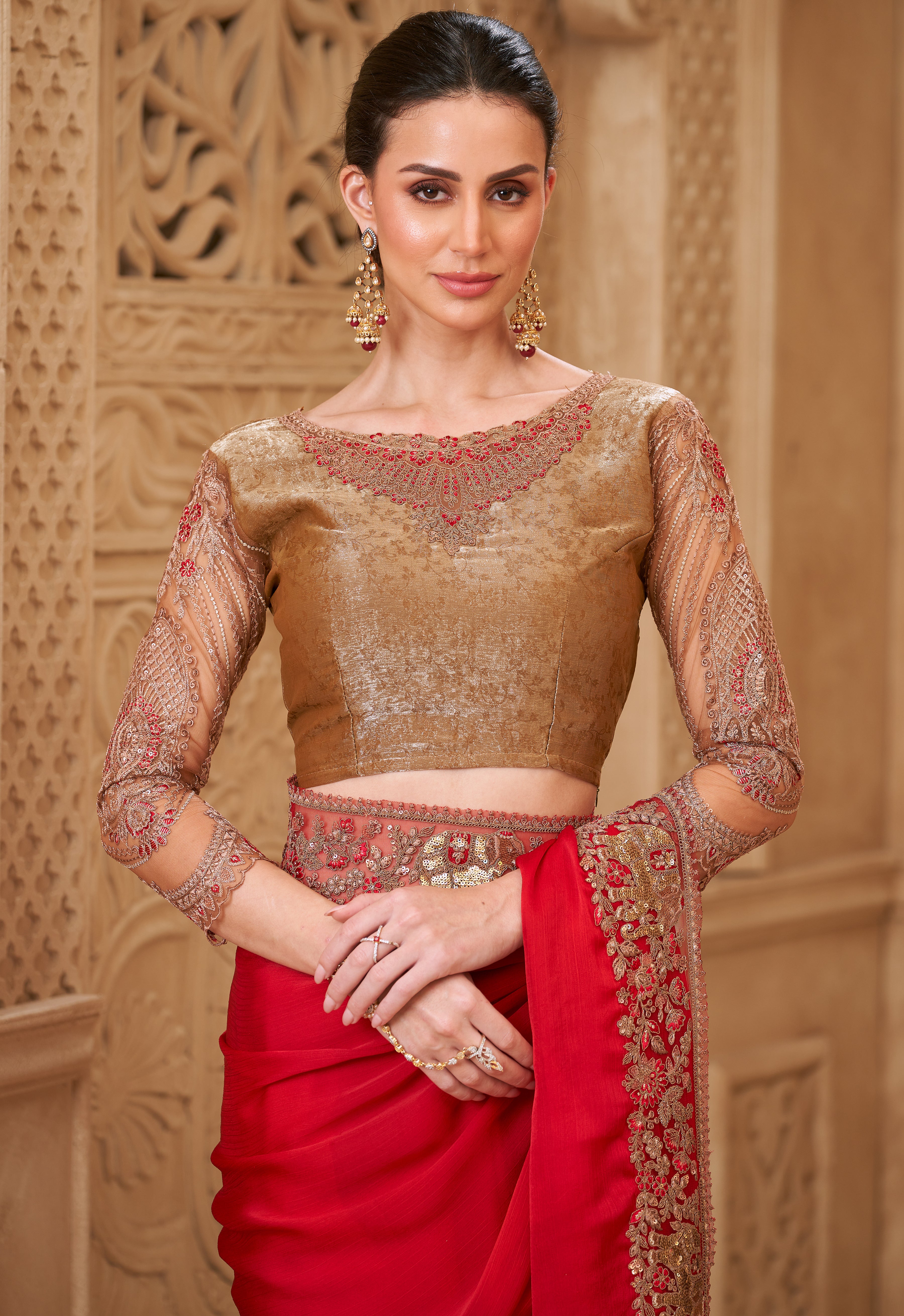 Red Saree With  Heavy Thread Embroidery Sequins Border Work With Embroidery Blouse