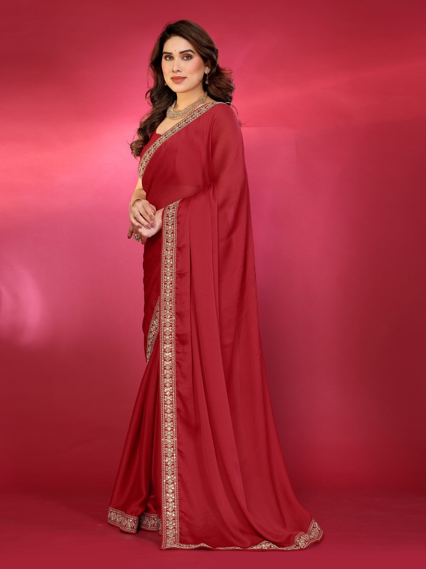 Red Satin Chiffon Saree With Plain Saree With Embroidery Work Lace