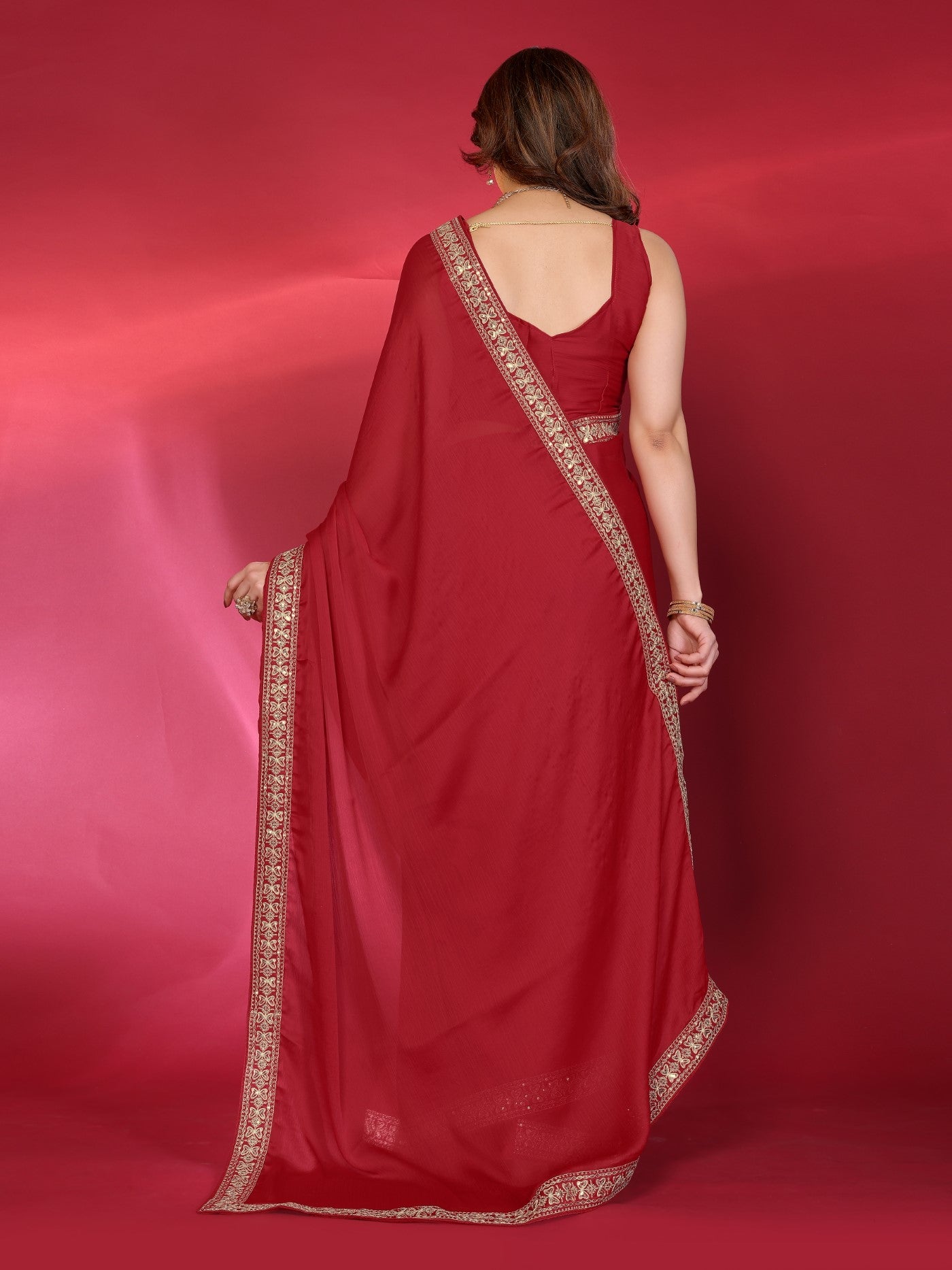 Red Satin Chiffon Saree With Plain Saree With Embroidery Work Lace