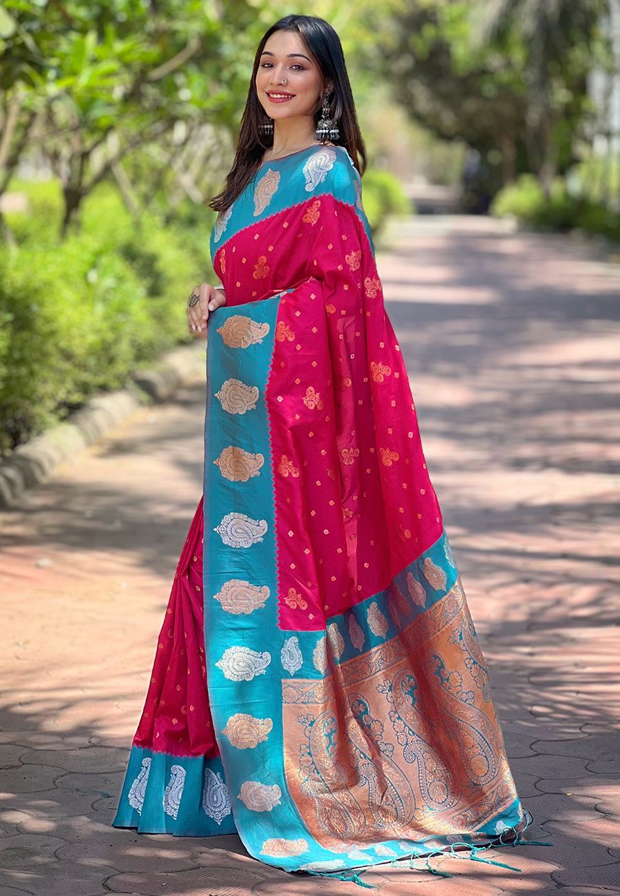 Red Silk Blend Saree With Floral Border Zari Woven Work